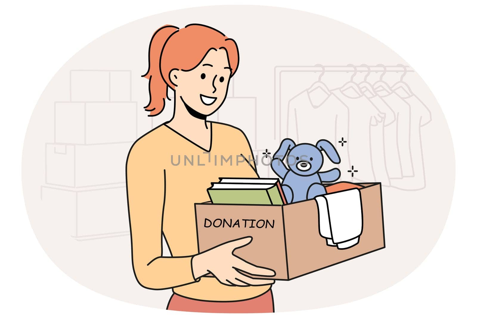 Smiling woman with box with personal belongings donate to charity shop. Girl make items and books donation to needy people. Vector illustration.