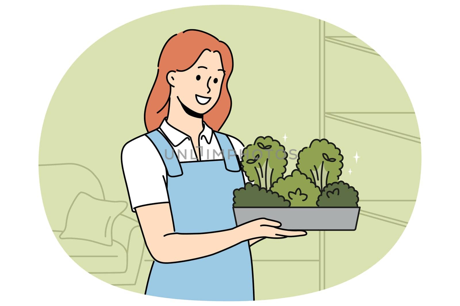 Smiling woman in apron holding box with greenery in hands. Happy girl with microgreen container work in greenhouse. Vector illustration.