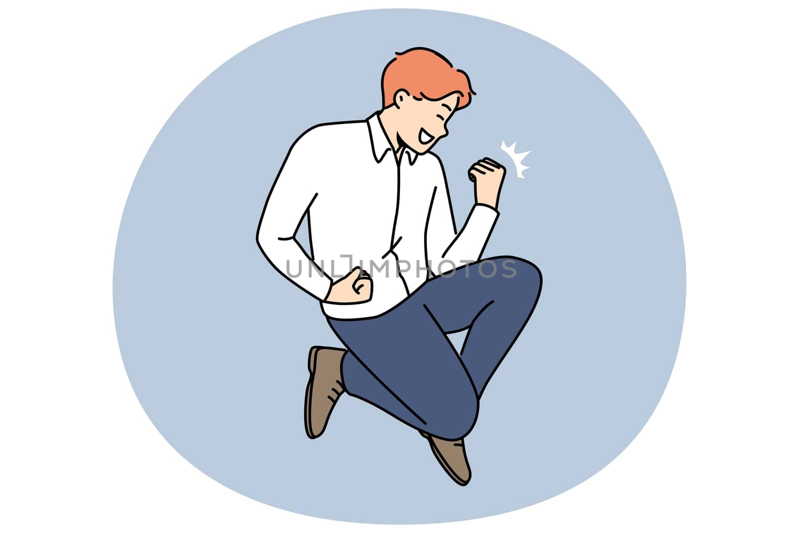 Overjoyed businessman make yes sign celebrate work success or achievement. Smiling man feel overjoyed triumph with win or victory. Vector illustration.