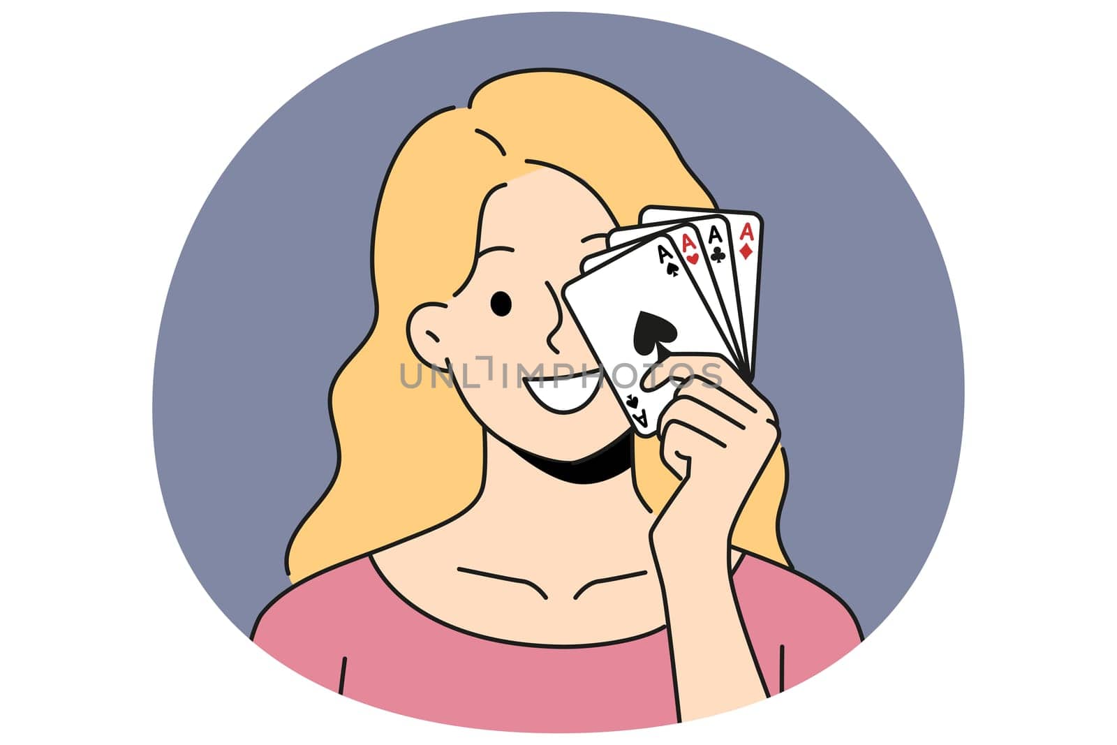 Smiling woman posing with cards in hands. Happy female gambler show poker cards gambling or playing in casino. Vector illustration.