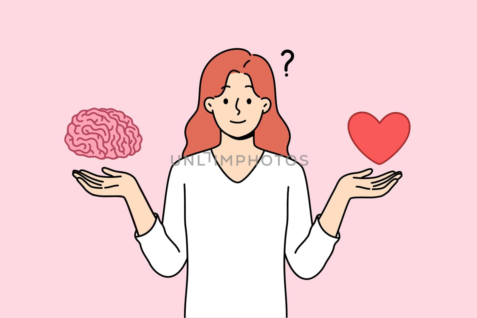 Woman tries to balance between getting education and romantic relationship, holding heart with brain in hands. Choosing life priorities and balance between instinct or intellect when making decisions