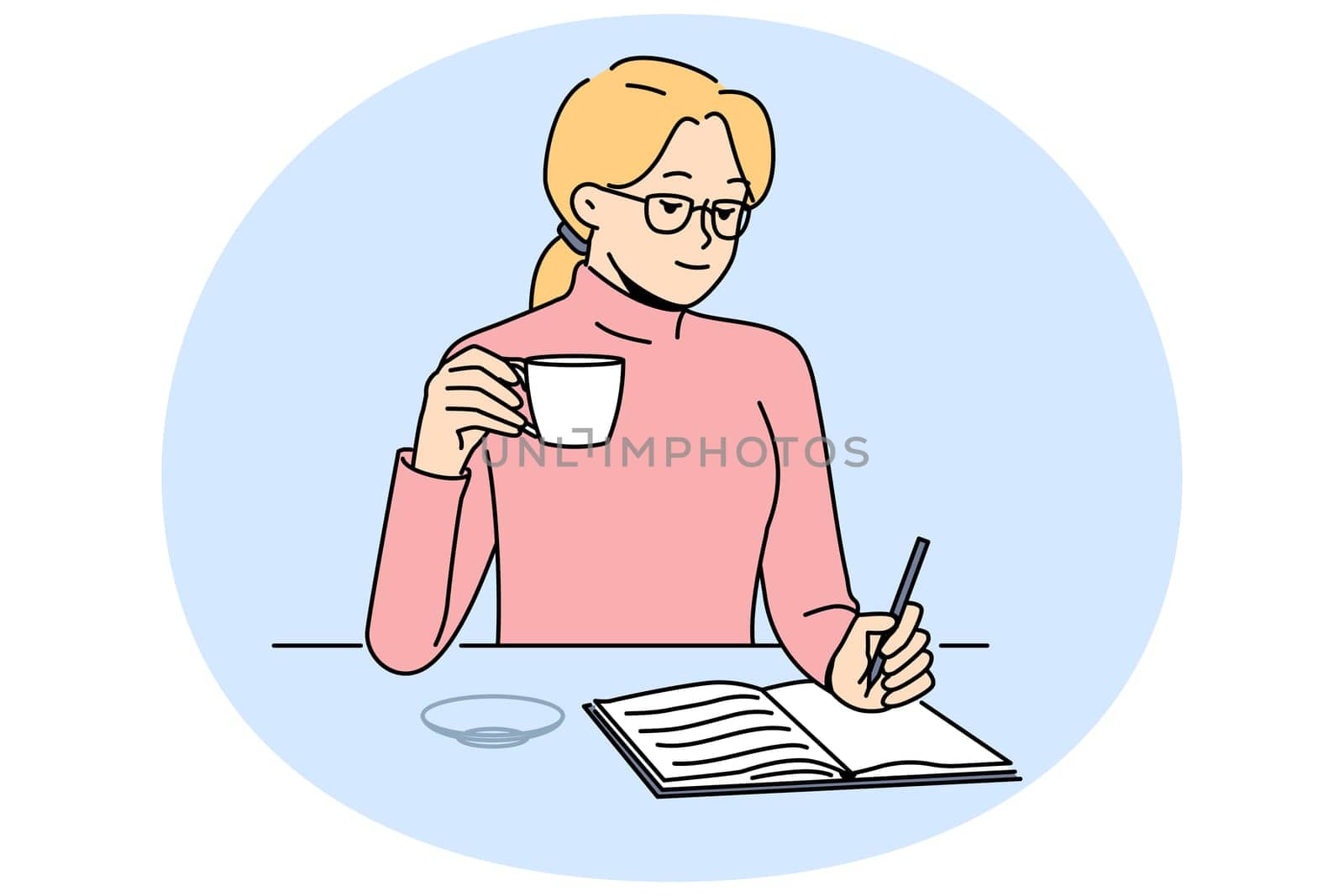 Woman sit at table drink coffee taking notes in notebook. Girl handwrite in pad enjoy drink from cup at home. Vector illustration.