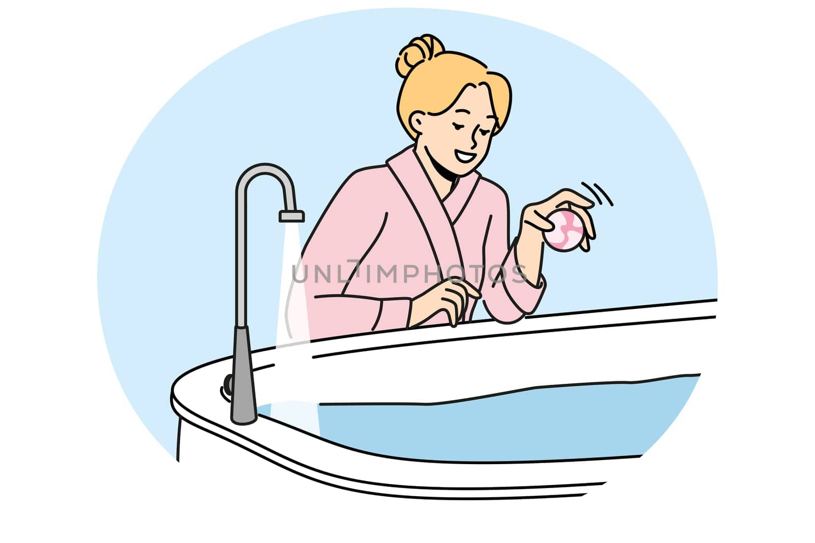 Happy woman in bathrobe throw bath bomb to bathtub. Smiling girl enjoy warm bath at home. Hygiene and beauty procedures. Vector illustration.