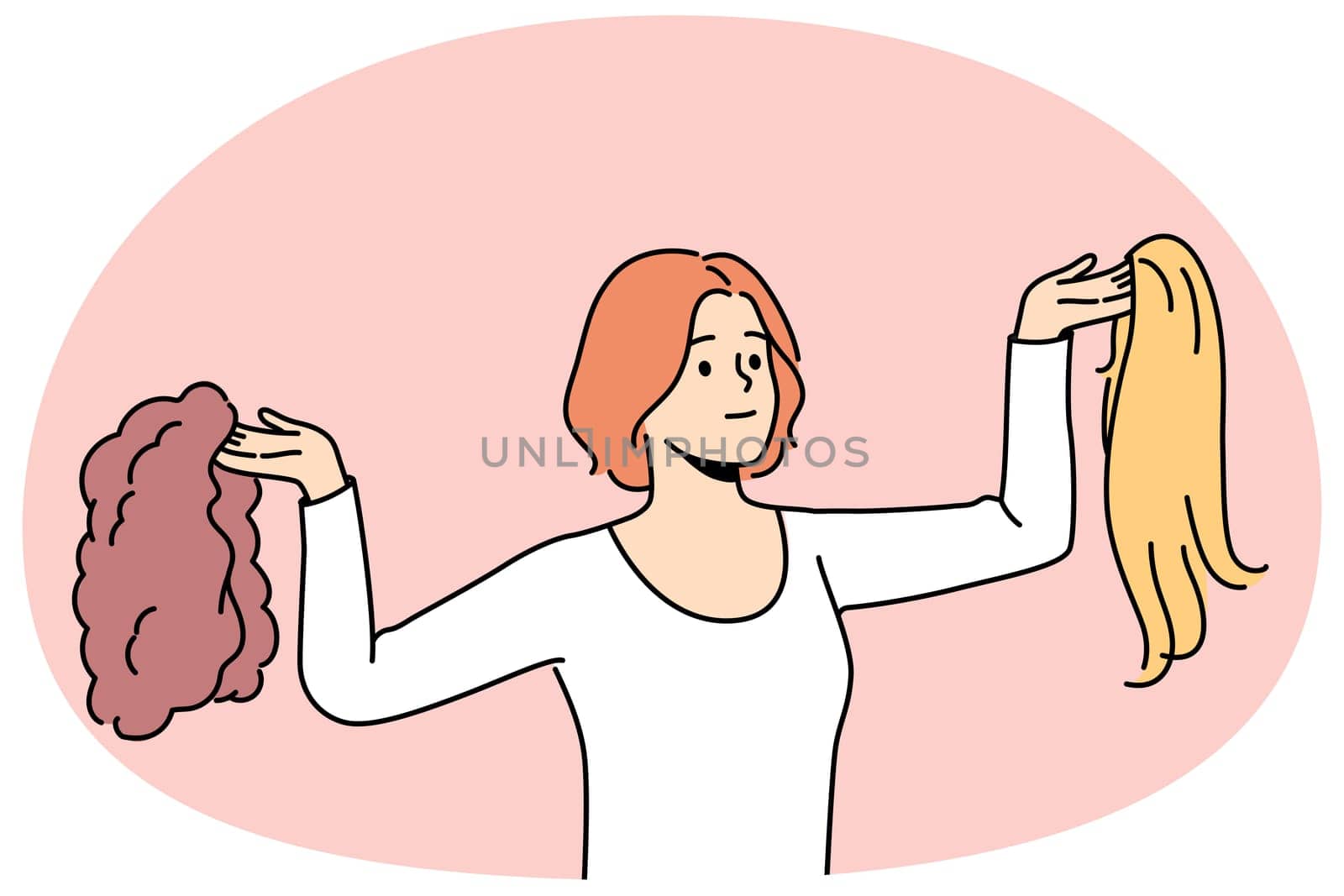 Smiling woman choosing wig. Happy girl with wigs of different hair type. Hairstyle and haircare. Vector illustration.