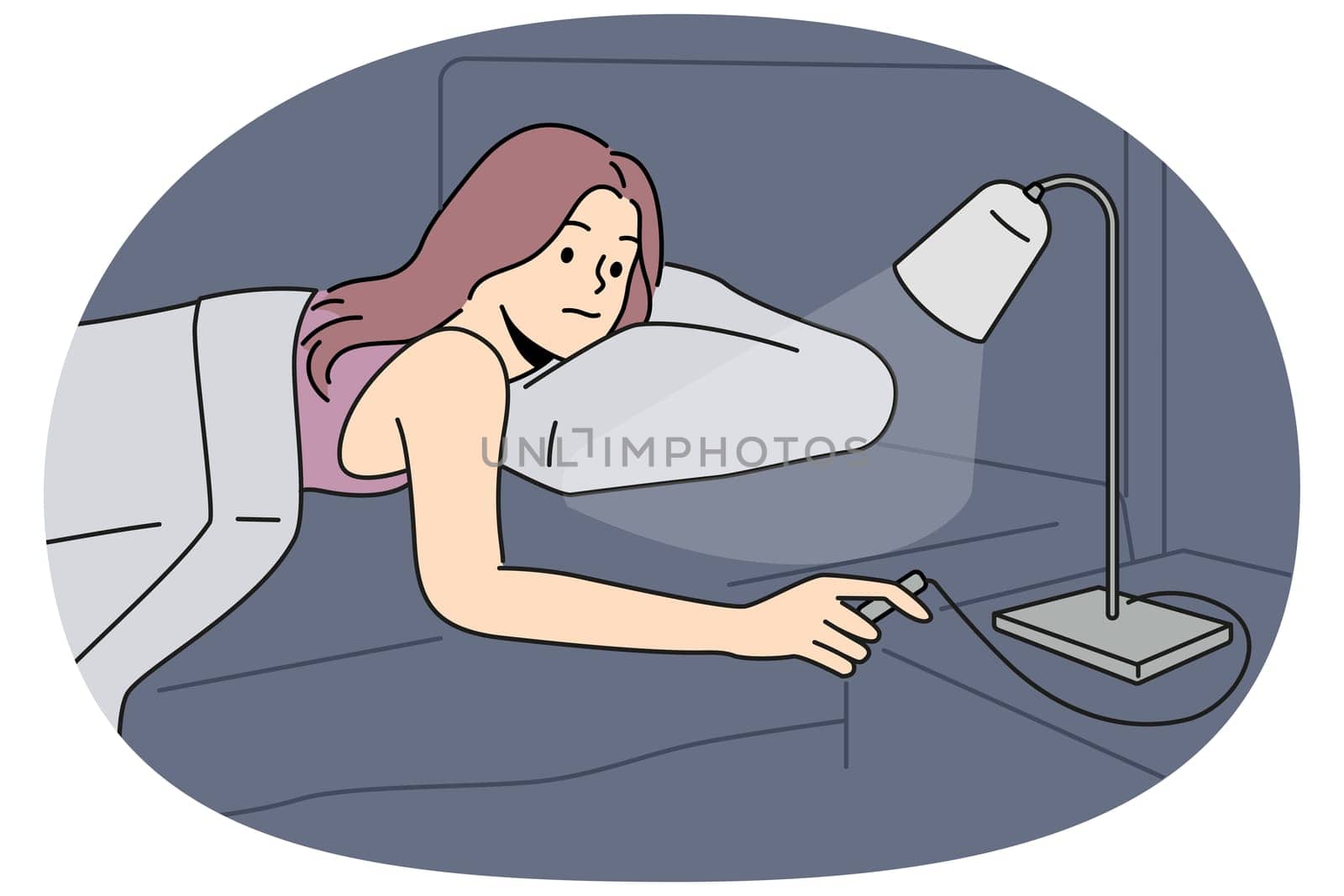Woman lying in bed turn off lamp on table. Girl relax ready to sleep in home bedroom switch lights. Vector illustration.