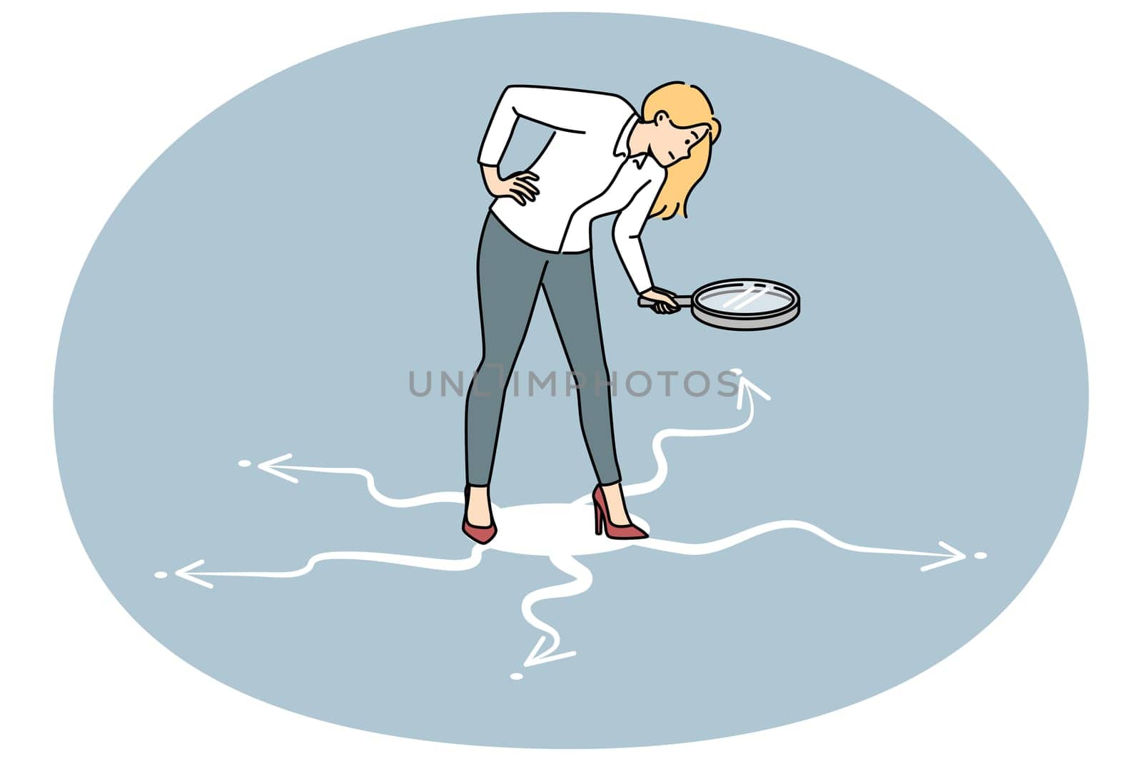 Businesswoman with magnifying glass looking at roads directions. Female employee with magnifier search find correct way. Vector illustration.