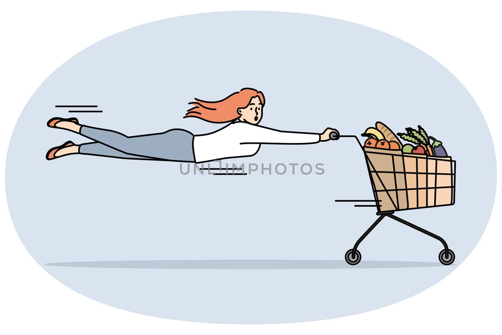Woman pulled by shopping cart full of groceries. Frustrated female customer buying groceries in supermarket on sale or promotion. Vector illustration.