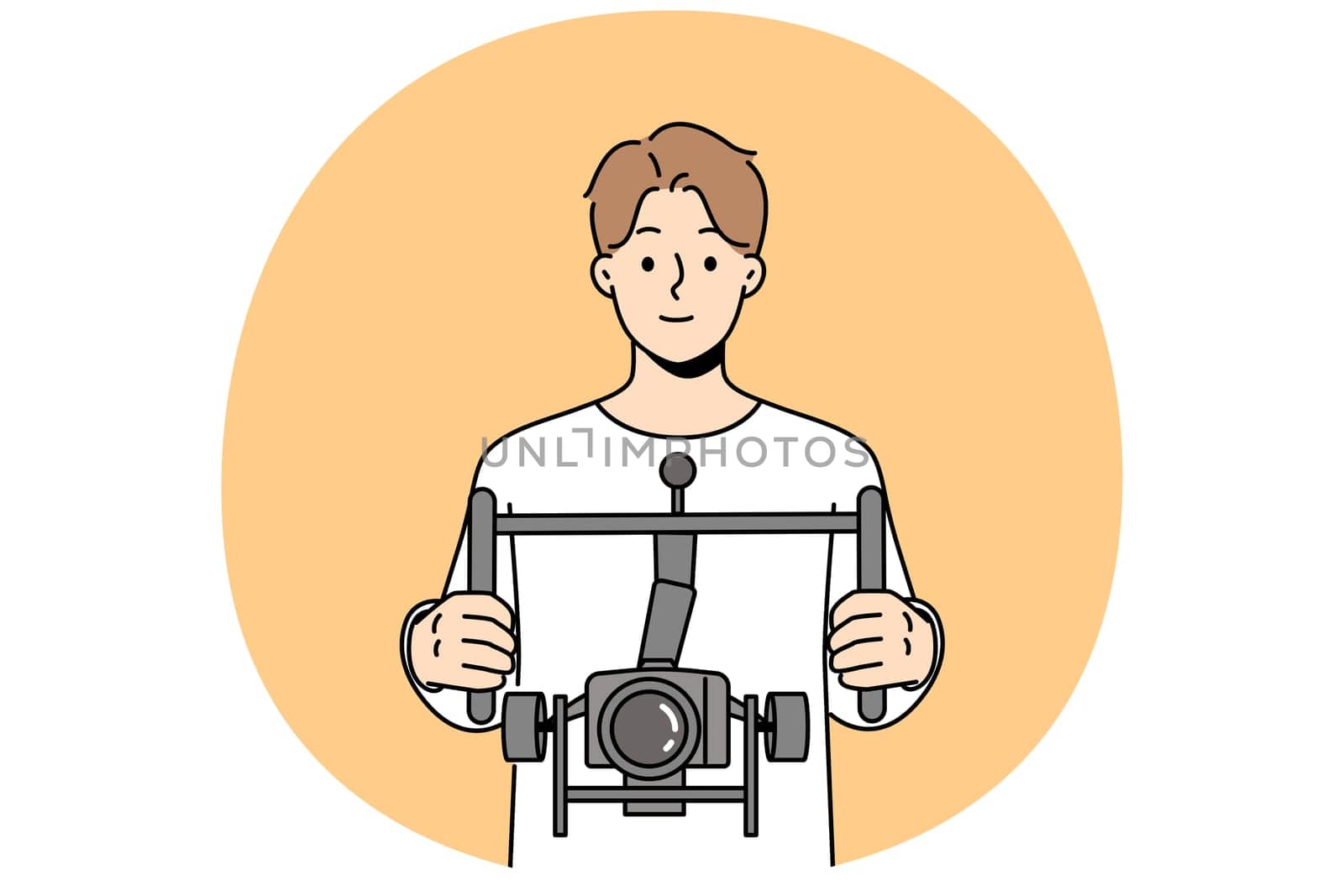 Male operator with professional camera with stabilizer in hands. Man videographer holding dslr camera filming with stabilization. Vector illustration.