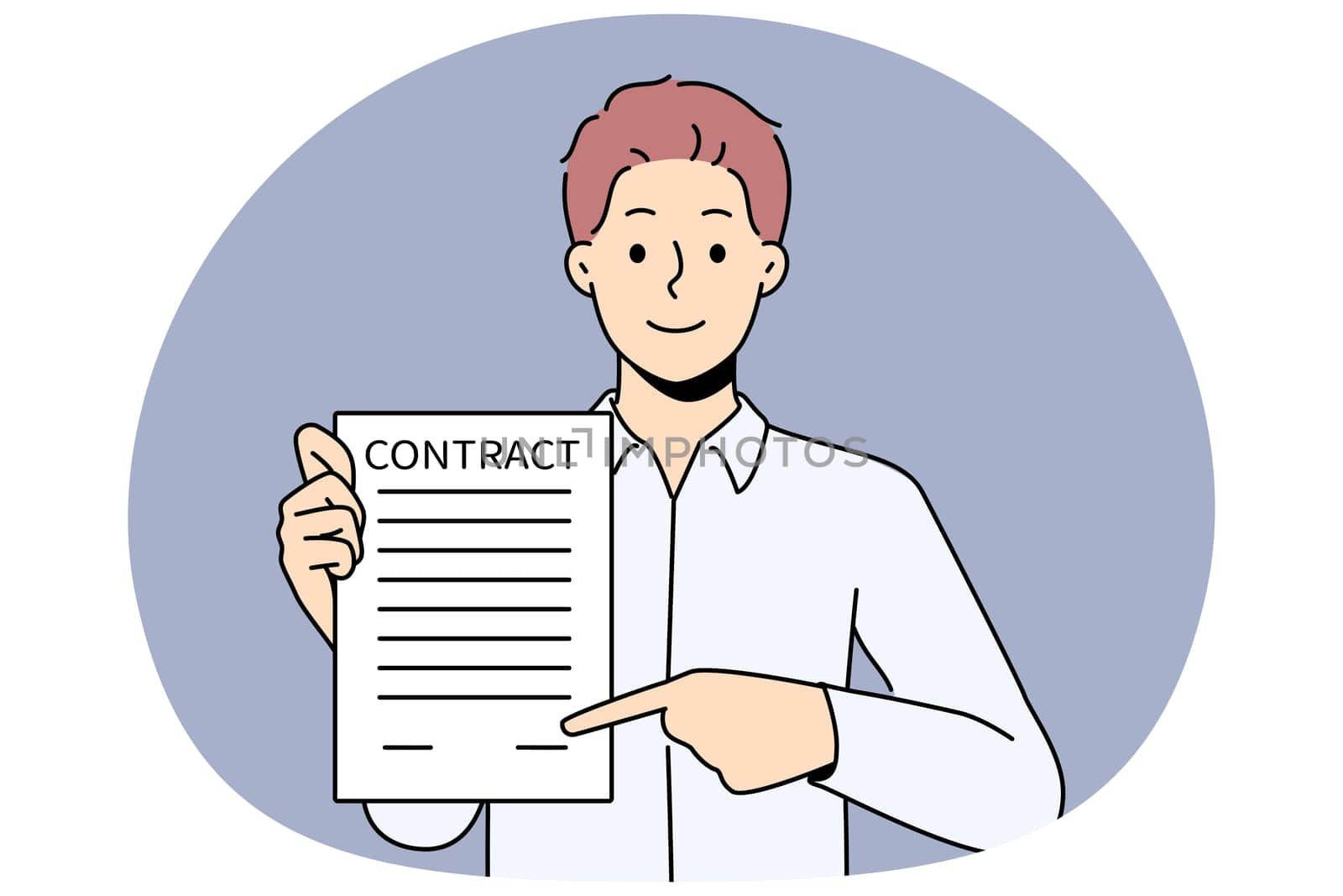 Smiling man show place to sign agreement