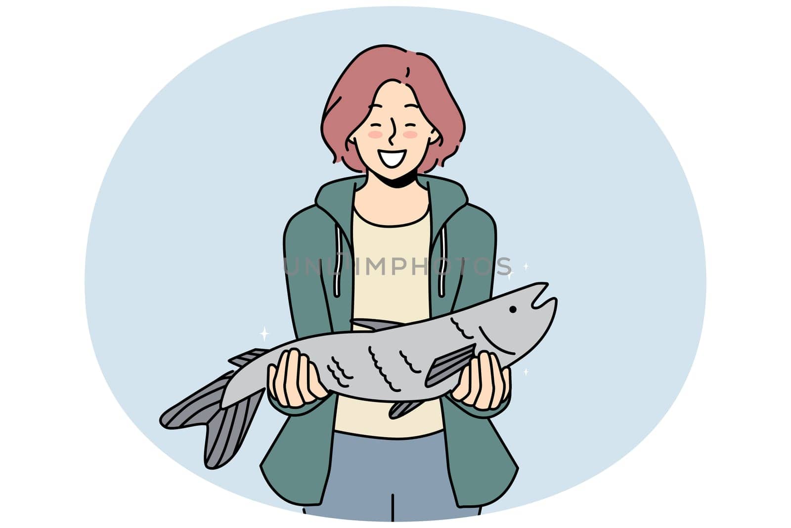 Smiling woman holding fish in hands excited with successful fishing. Happy female fisher with haul. Hobby and entertainment. Vector illustration.