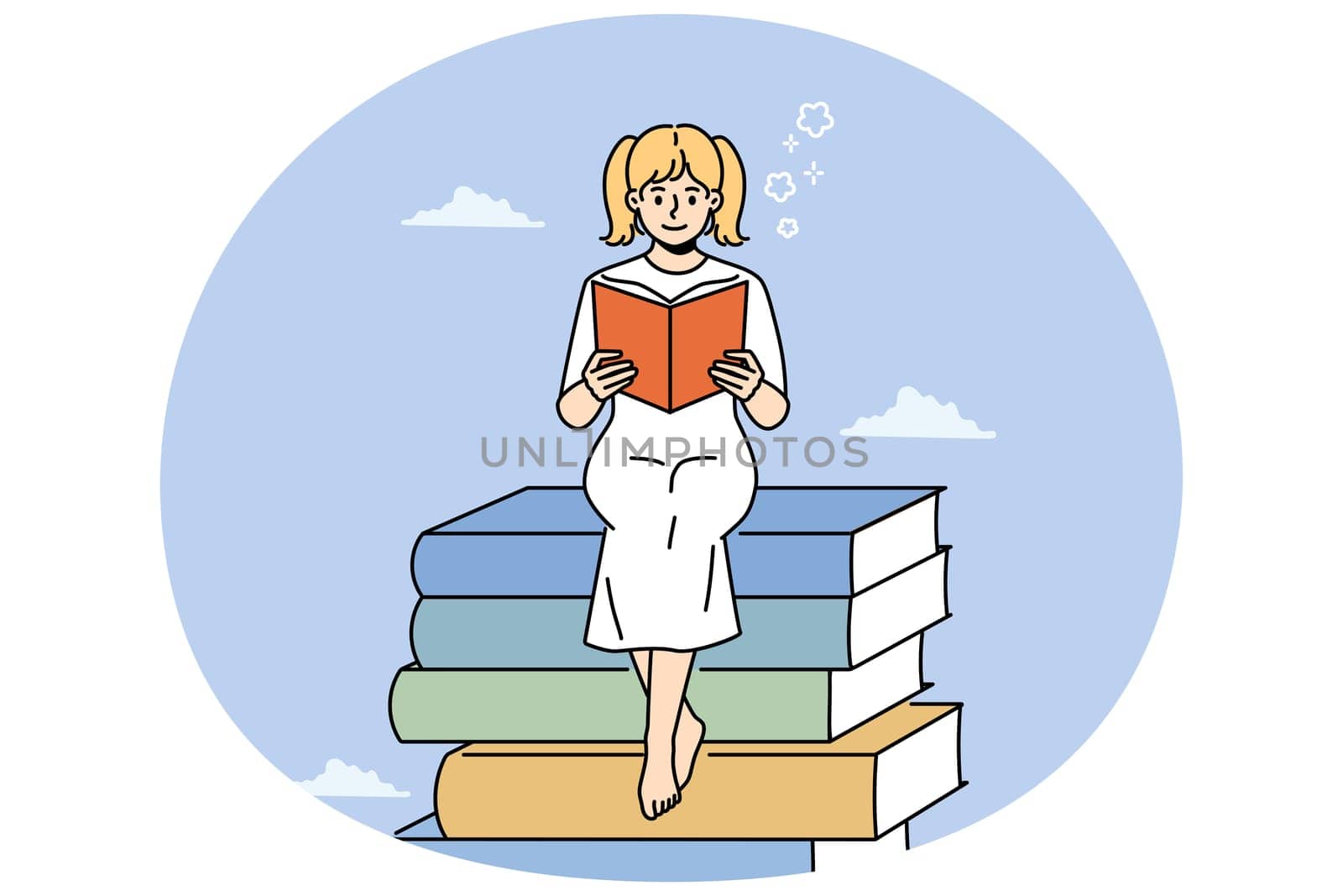 Smiling girl sit on stack of books reading. Happy child on pile of textbooks enjoy literature. Bookworm and education. Vector illustration.
