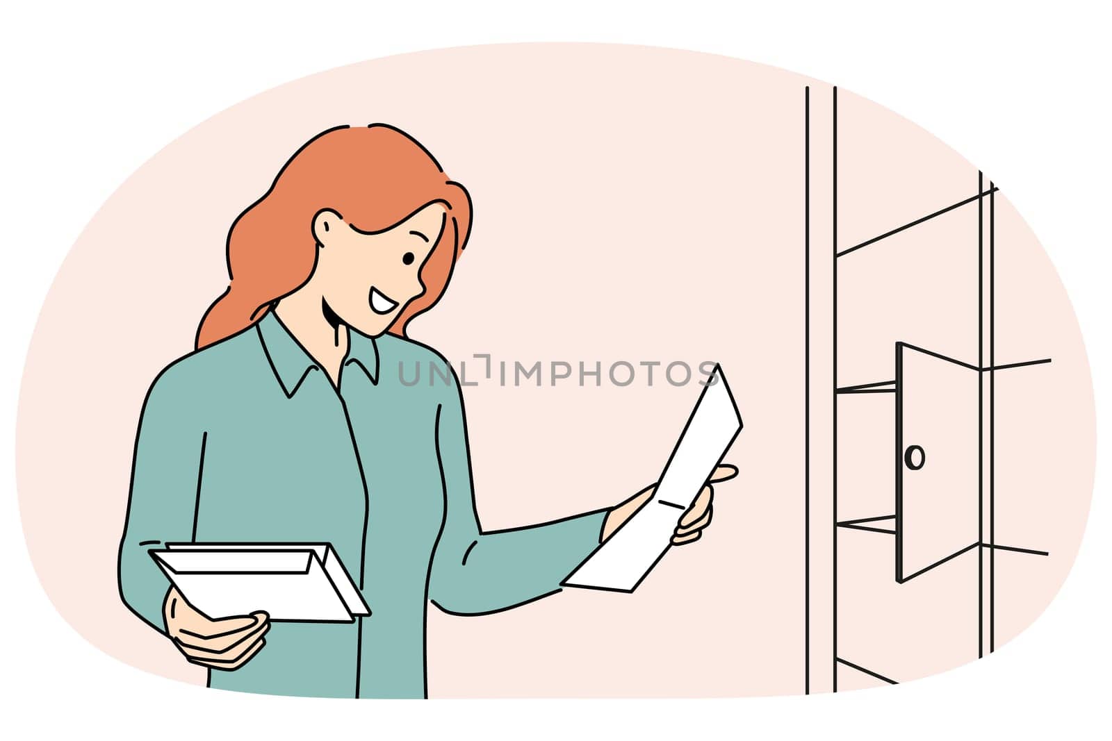 Smiling woman open mailbox reading correspondence. Happy female checking mail in house box. Vector illustration.