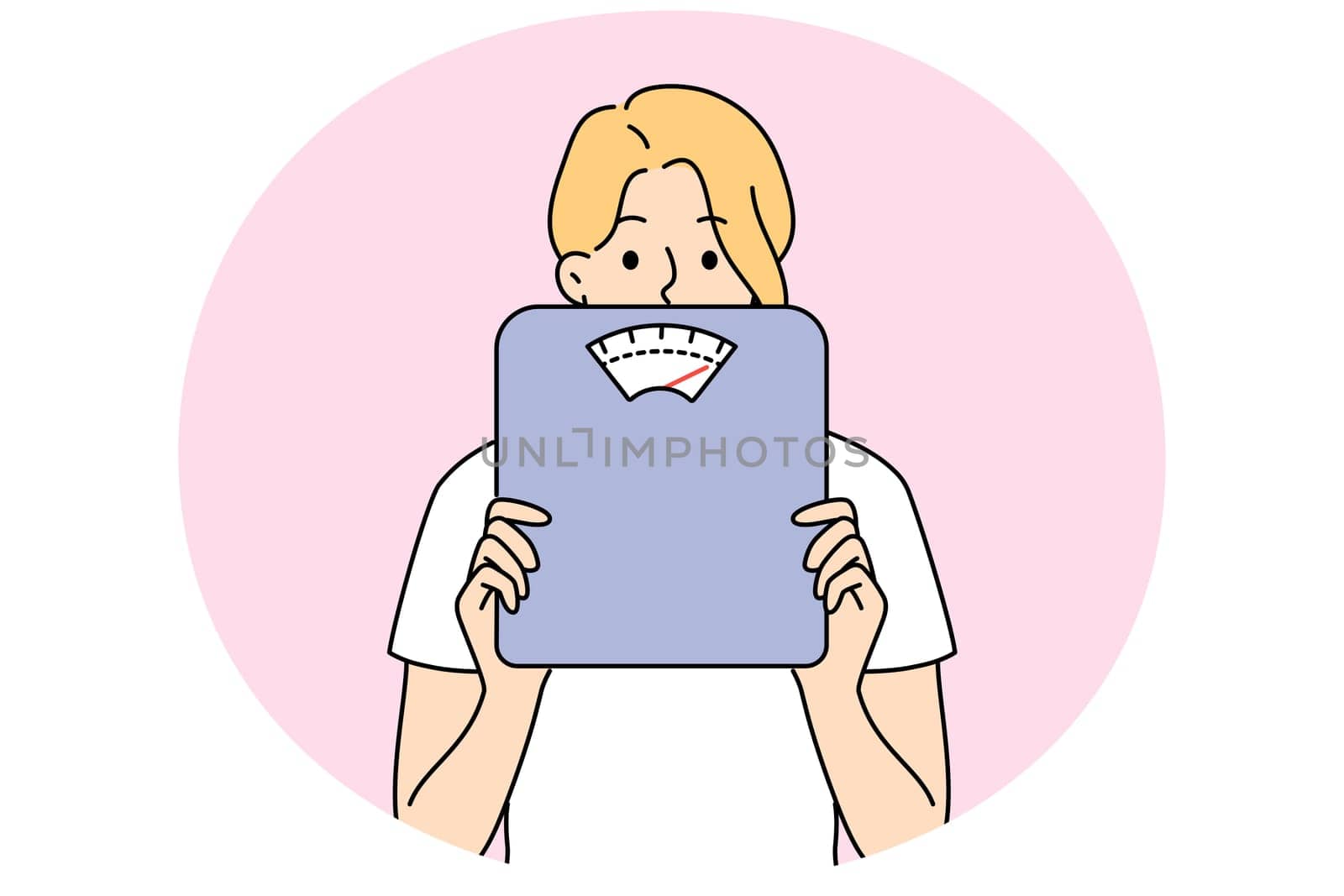 Woman holding scales in hands worried about body weight and figure. Female with weighing scales anxious about diet and weightloss. Vector illustration.