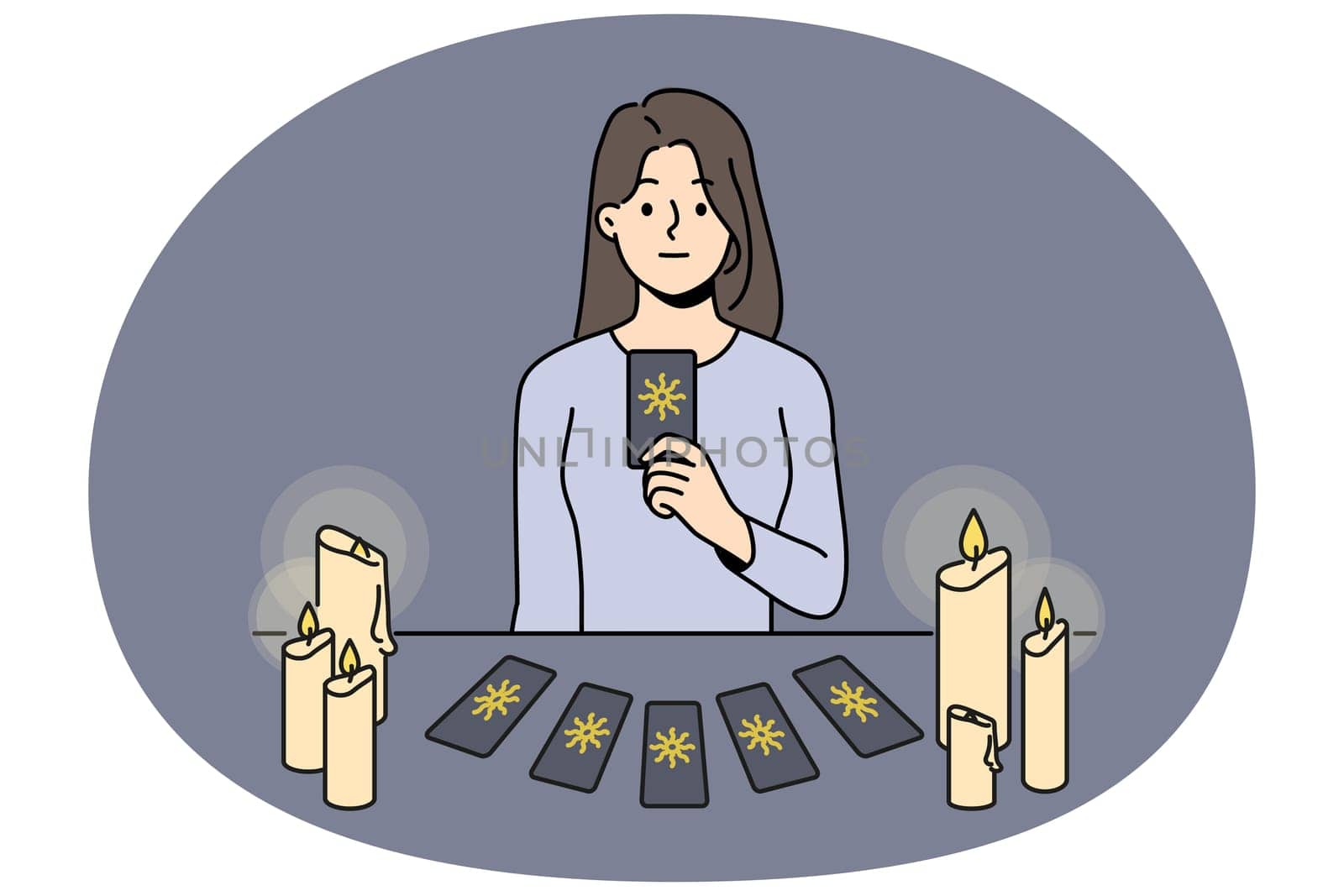 Female soothsayer sit at table with cards predict future. Witch or magician tell fortune with tarot cards. Vector illustration.