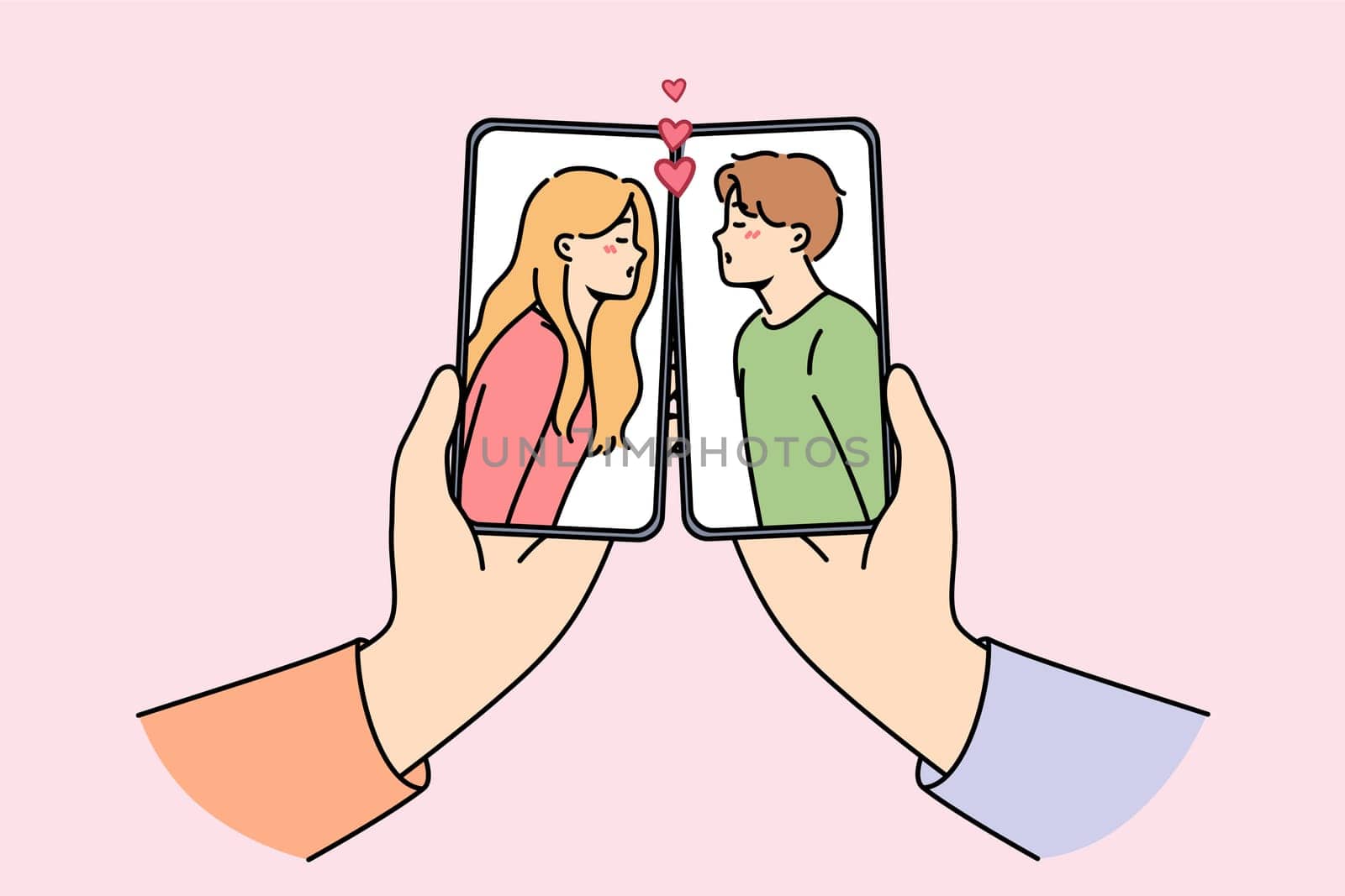 Kissing people in mobile phone screens, for concept online dating or flirting through apps in smartphones. Couple man and woman from dating site found love and started new romantic relationship
