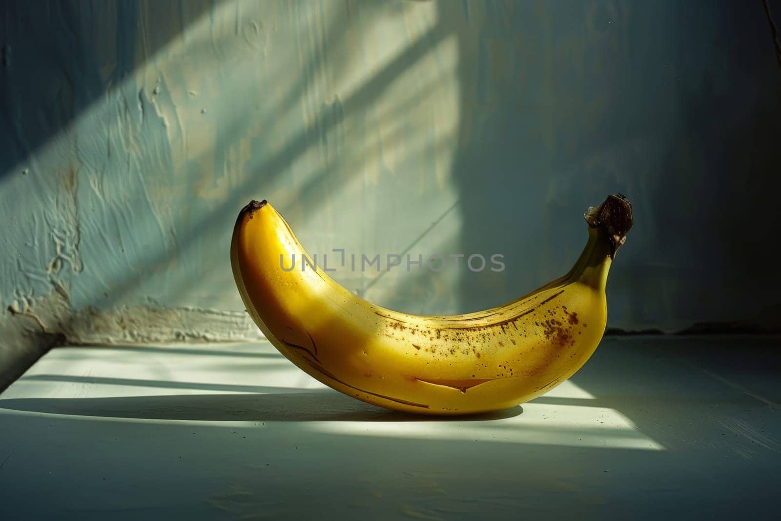 A ripe banana rests on the floor of a room, bathed in soft light, casting a subtle shadow against the floorboards.