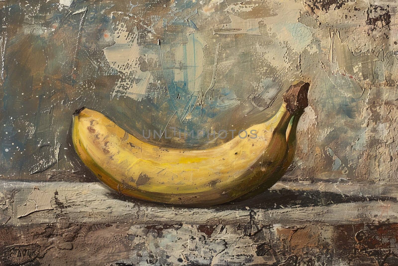 A vibrant painting of a ripe banana delicately perched on a ledge, exuding a sense of calm and contemplation.