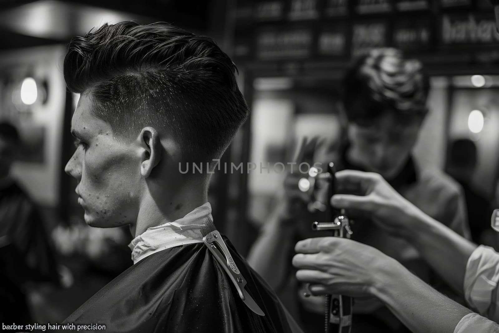 A man is having his hair styled at a barber shop with precision and focus.