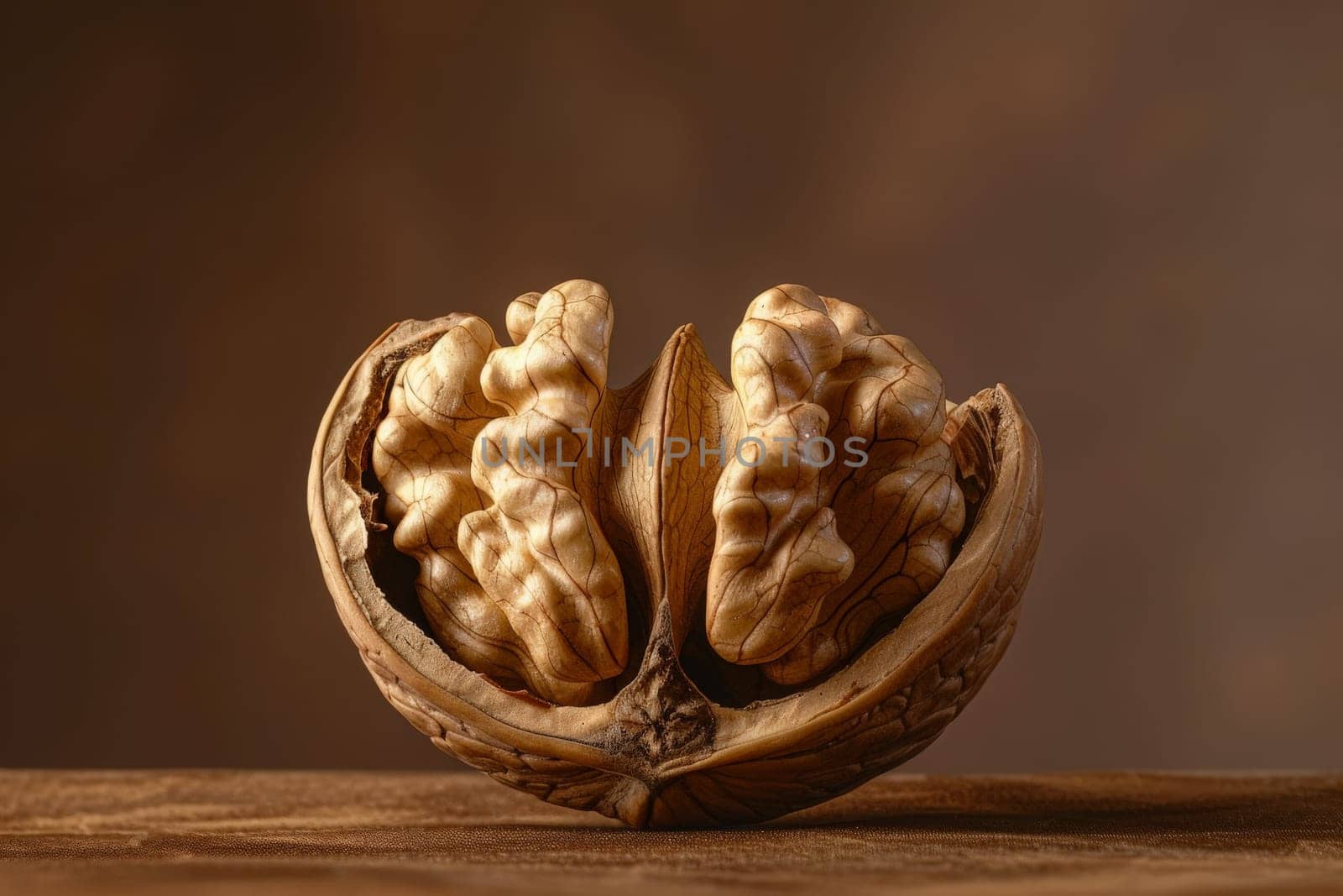 A close-up of a single walnut showcasing its intricate texture against a table backdrop.