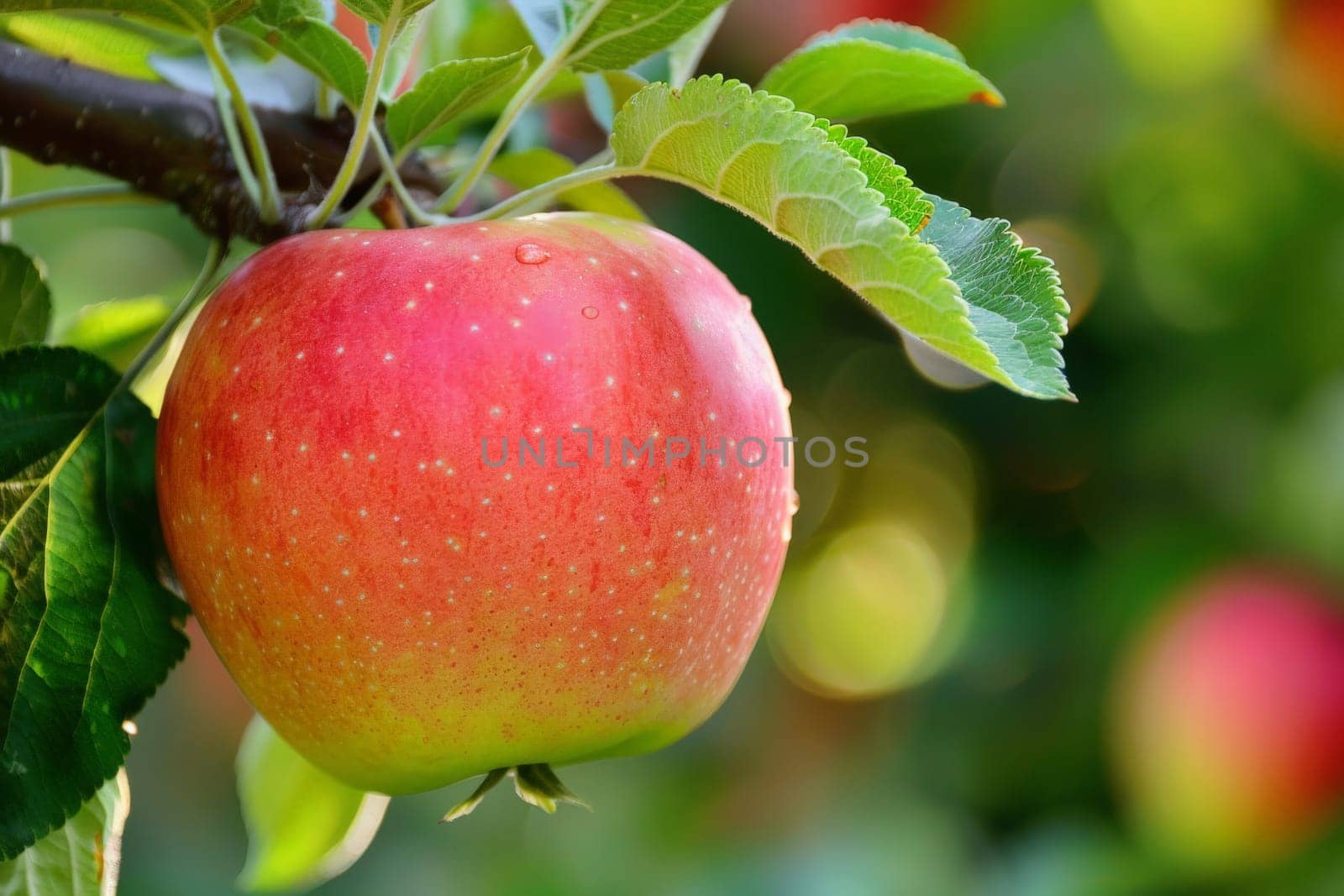 A vibrant apple, exuding freshness, hangs from a lush tree branch, poised for picking in the tranquil natural setting.