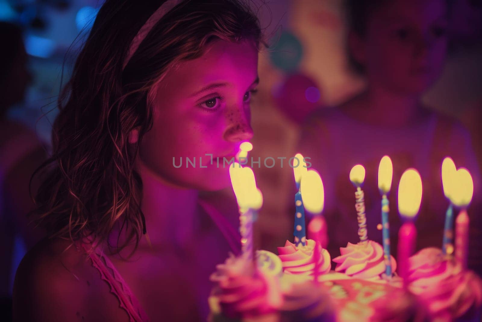 A young girl is seated in front of a cake adorned with lit candles, ready to make a wish and blow them out.