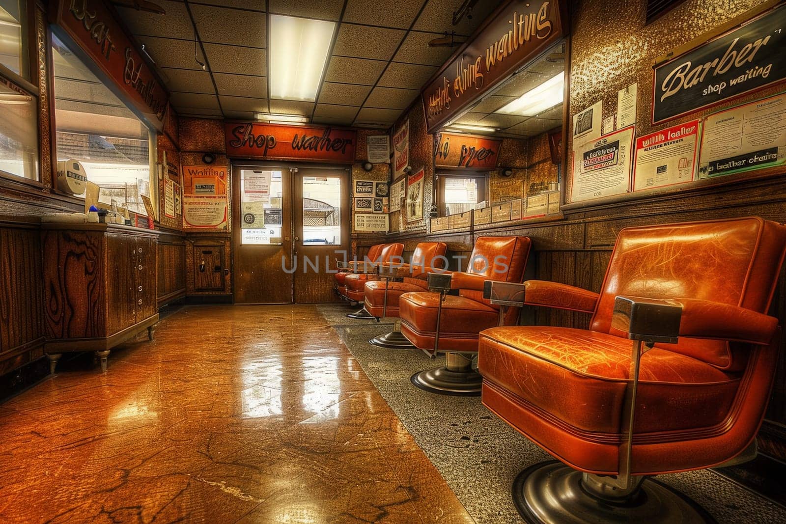 An array of elegant leather chairs fills the waiting area of a barber shop, creating a harmonious ensemble of style and comfort.