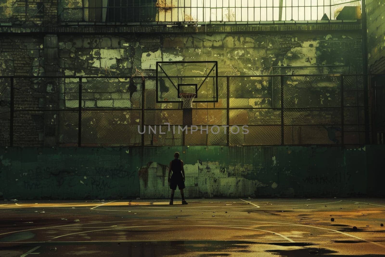 A person stands alone at the center of a basketball court, surrounded by vibrant lines and hoops, exuding strength and concentration.