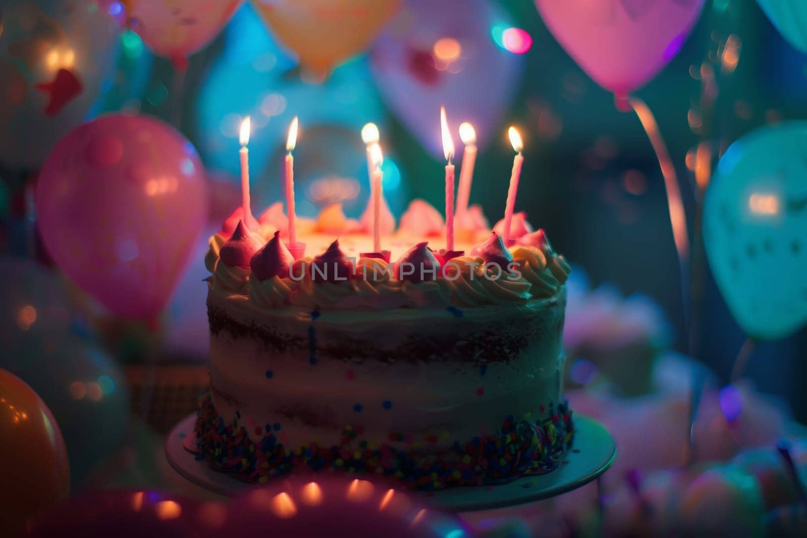 A birthday cake topped with lit candles is surrounded by colorful balloons, creating a vibrant and joyful atmosphere.
