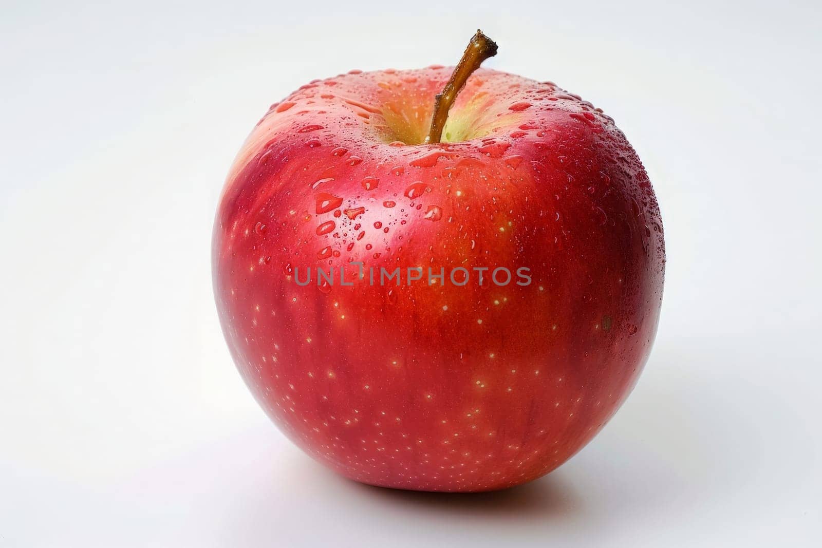 A vibrant red apple contrasts beautifully against a pristine white table, creating a visually striking and artistic scene.