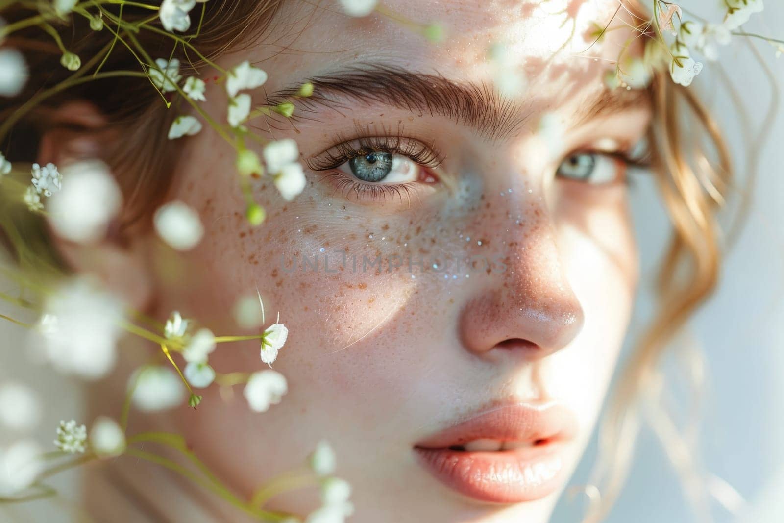A woman with a face adorned by a scattering of freckles, exuding natural beauty and uniqueness.