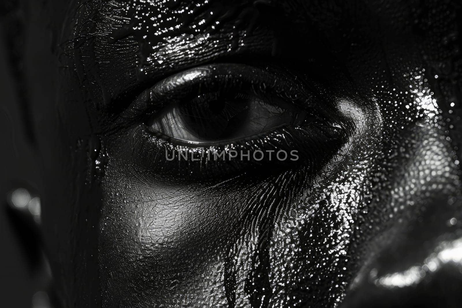 A persons face up close, adorned with intricate black paint designs, creating a striking and artistic look.