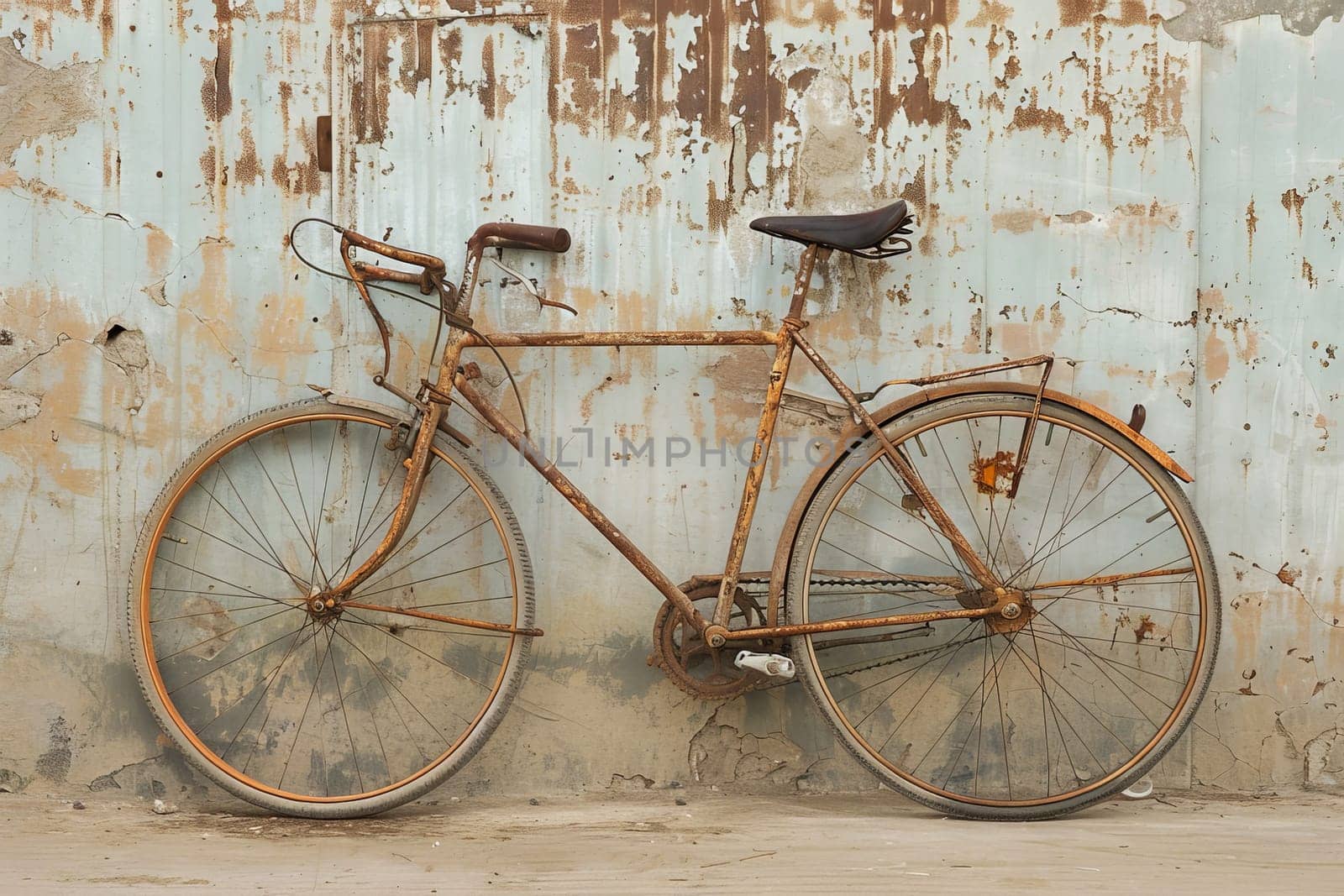 An old rusty bicycle leans against a weathered wall, showing signs of neglect and abandonment.