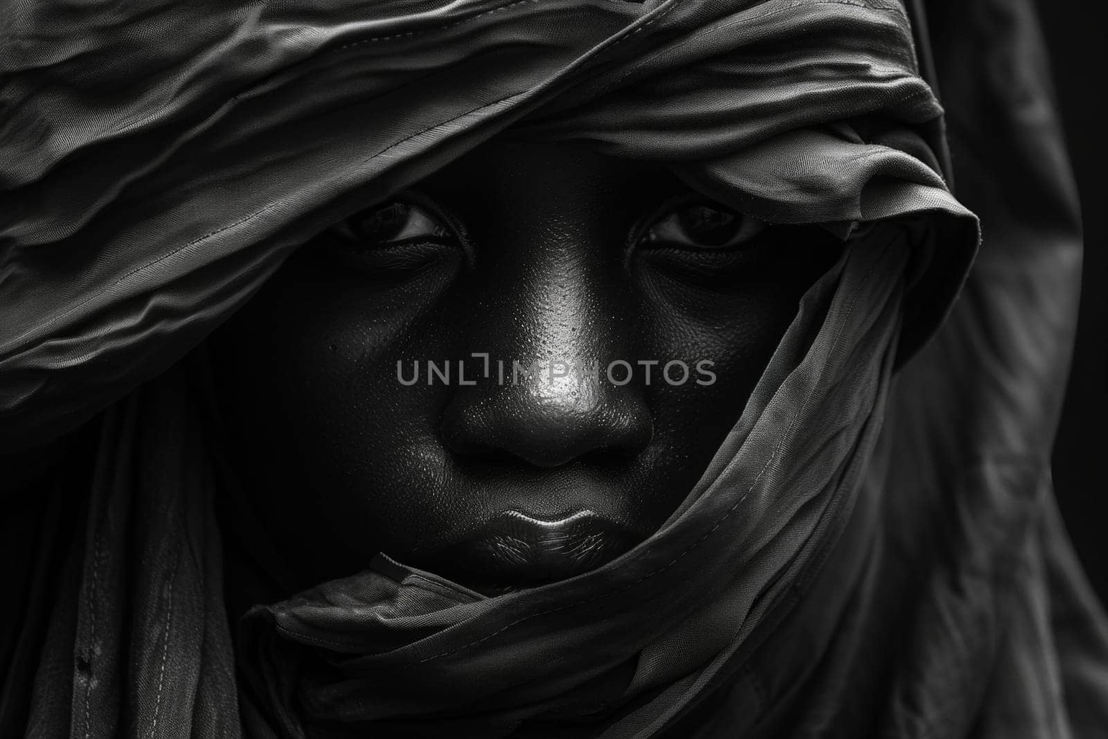 A woman with a scarf elegantly draping her head, exuding grace and sophistication in black and white.