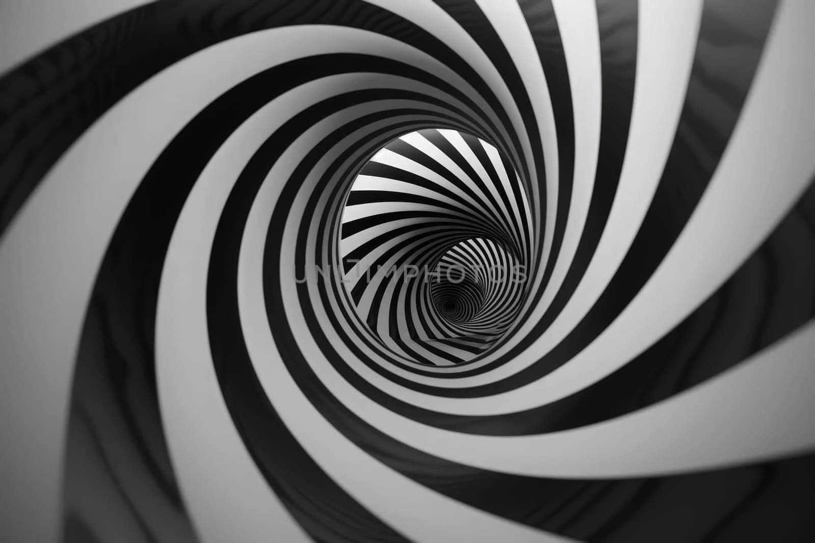 A mesmerizing black and white spiral design unfolds, drawing the viewer into an otherworldly dance of shadows and light.
