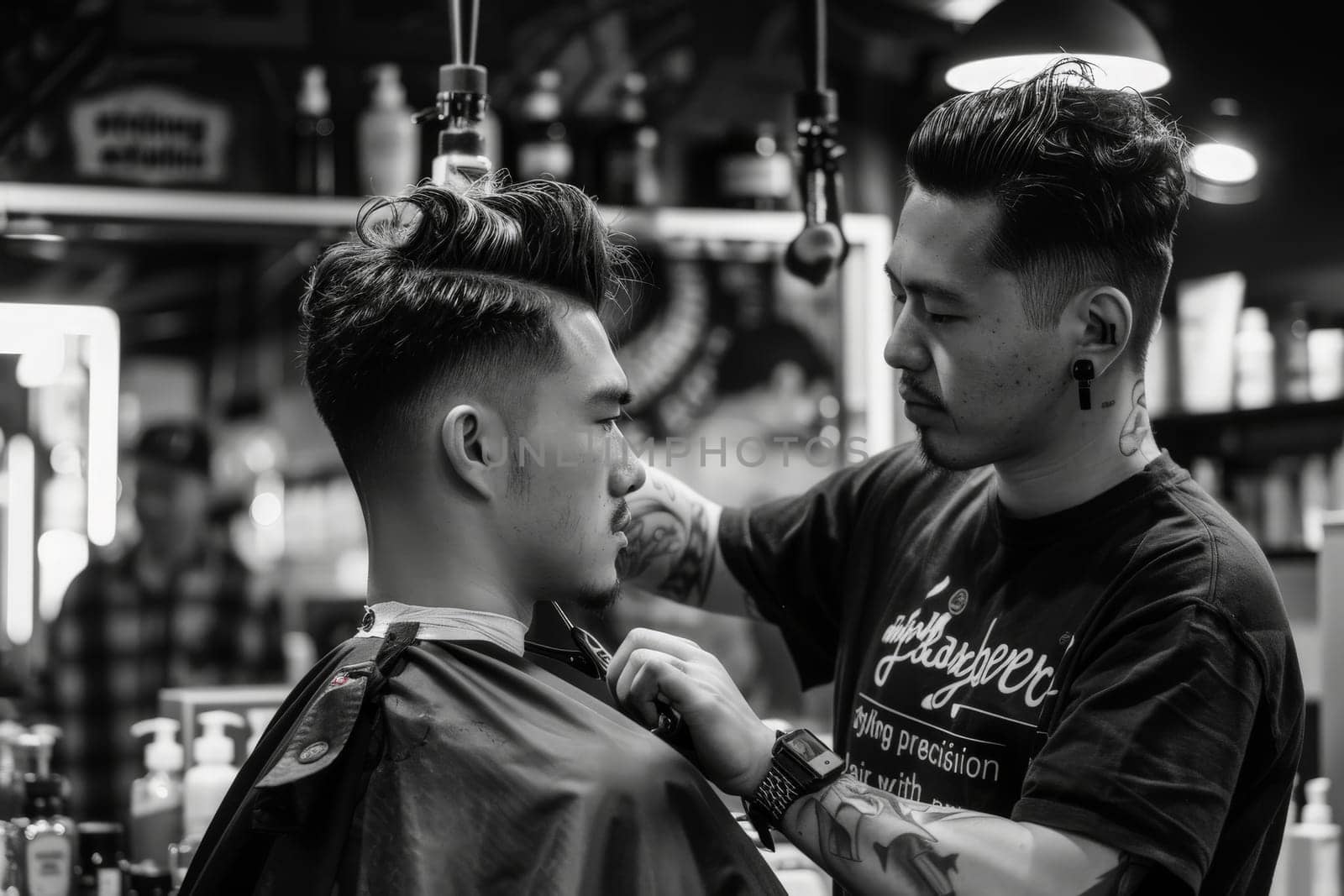A skilled barber meticulously cuts a mans hair in a traditional barber shop setting.