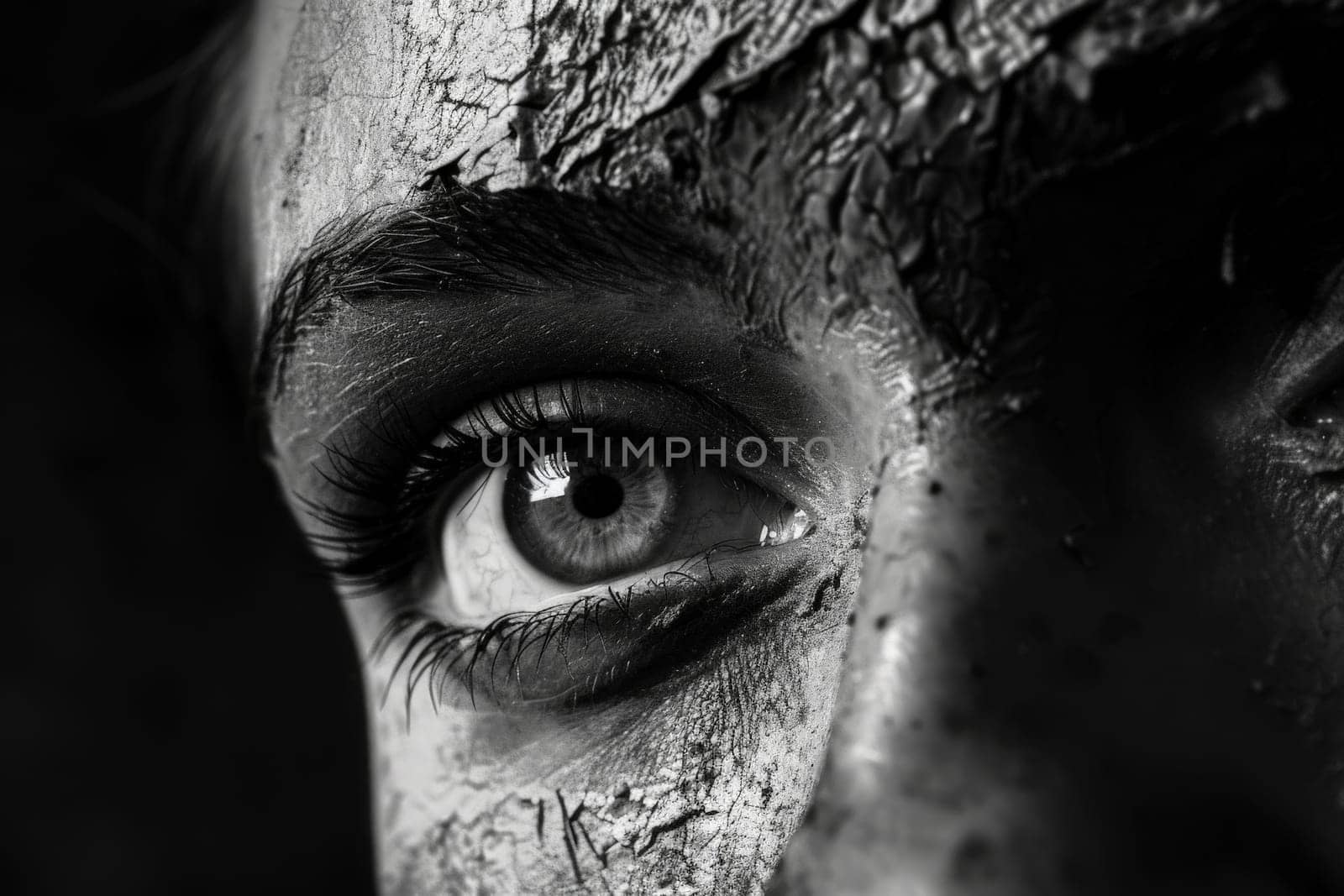 A persons face, richly coated in thick mud in a close-up shot.