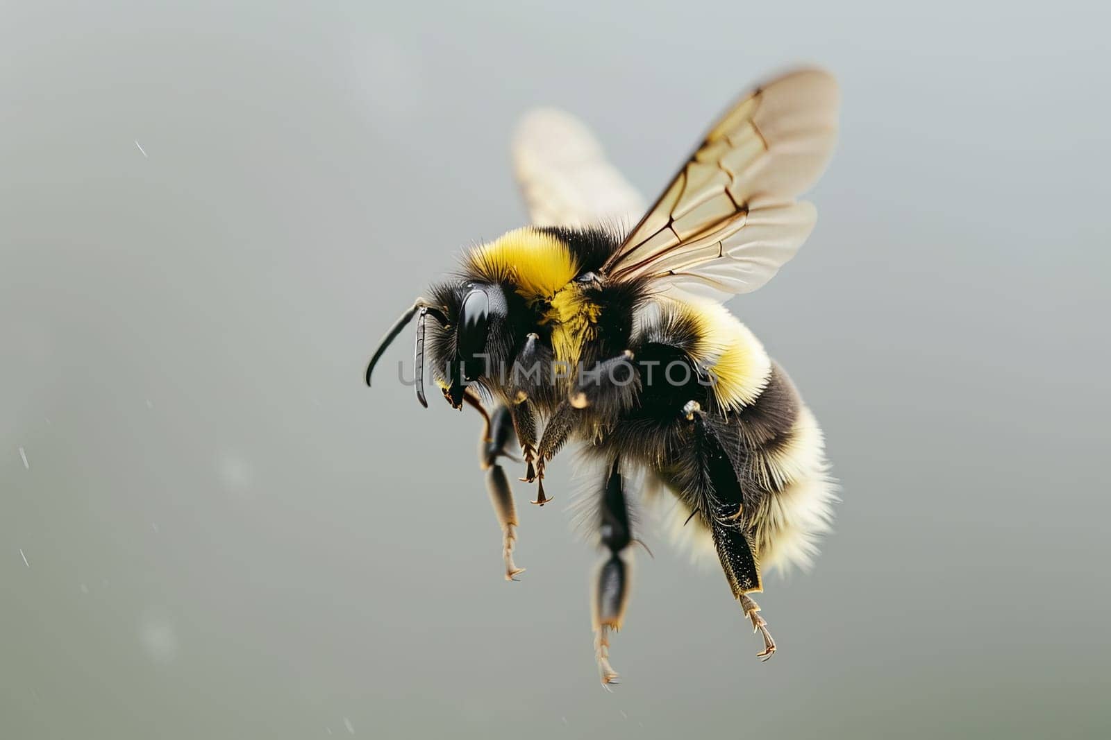 A bee in flight, in a close up view, showcasing its intricate wings and agile movements against a blurred background.