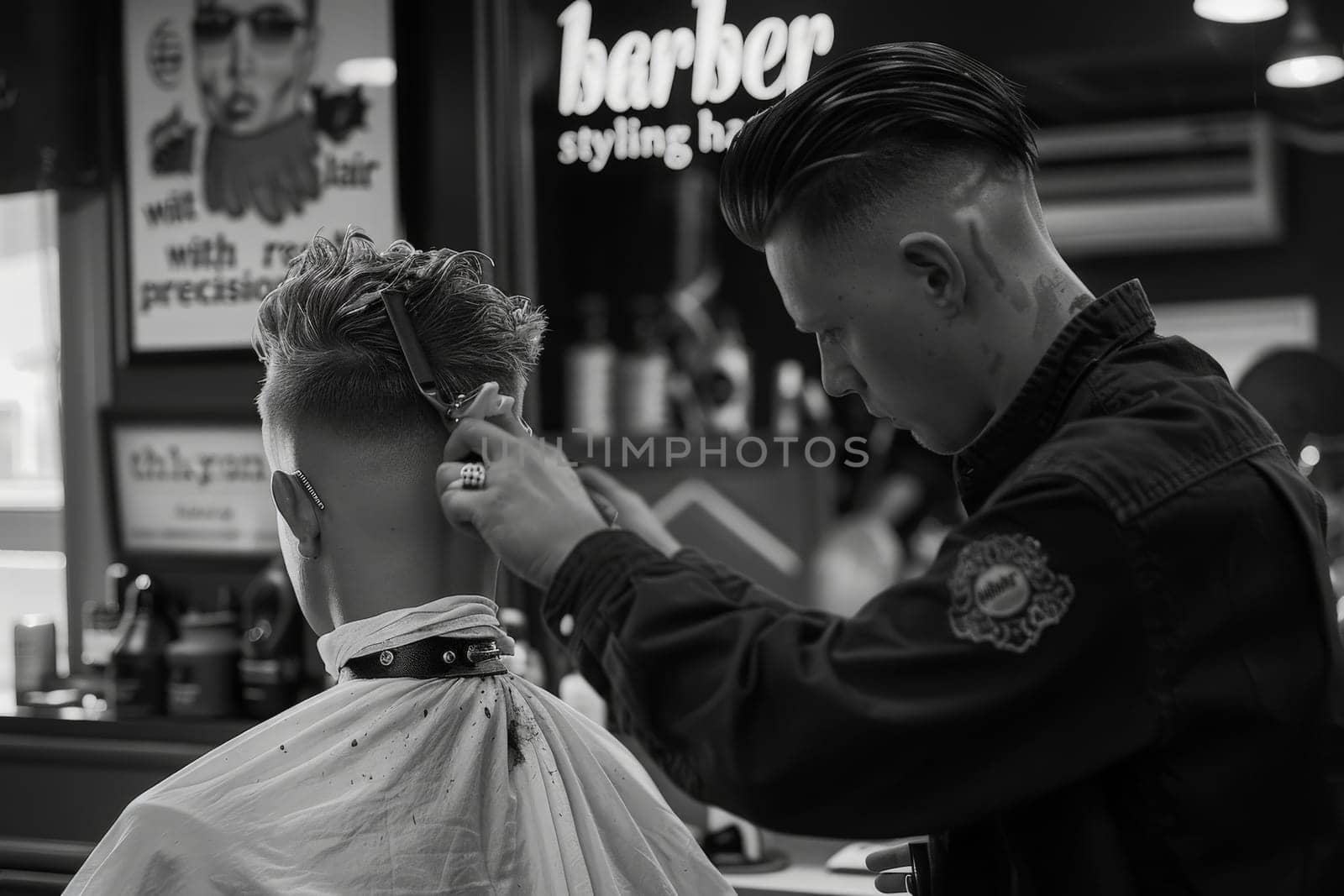 A barber carefully cutting a mans hair in a bustling barber shop, focusing on precision and skill.