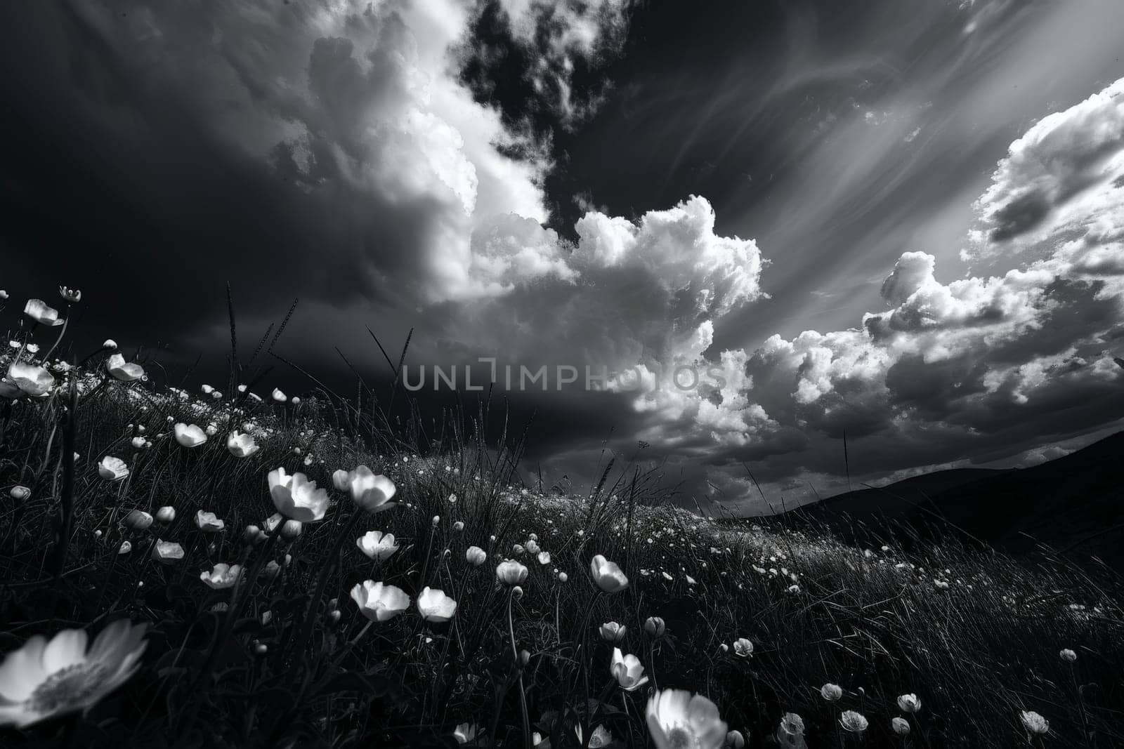 Elegant clouds drifting gracefully above a field of delicate flowers in black and white.