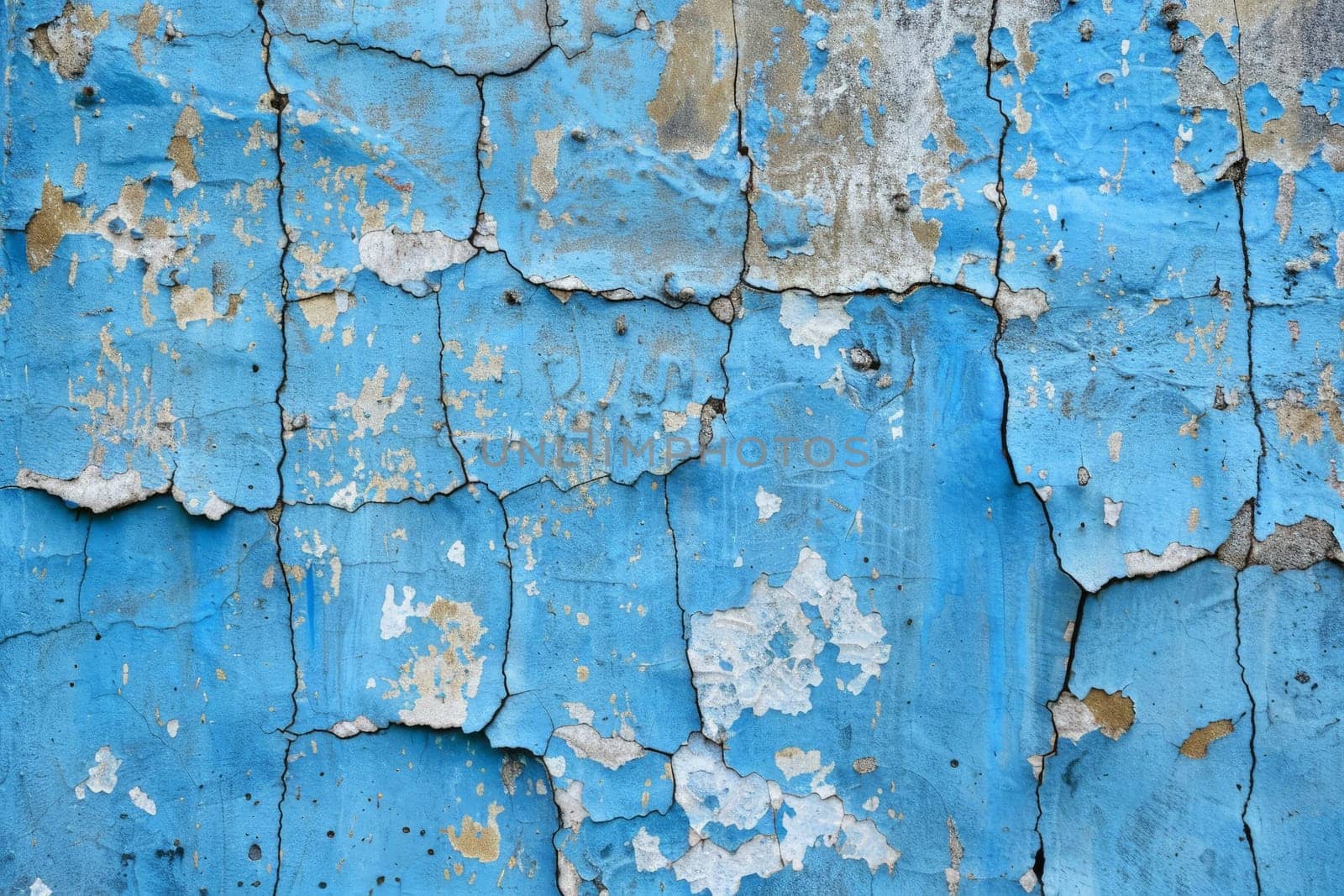 Close-up view of a weathered blue wall with paint peeling off in various spots, revealing layers of history and texture.