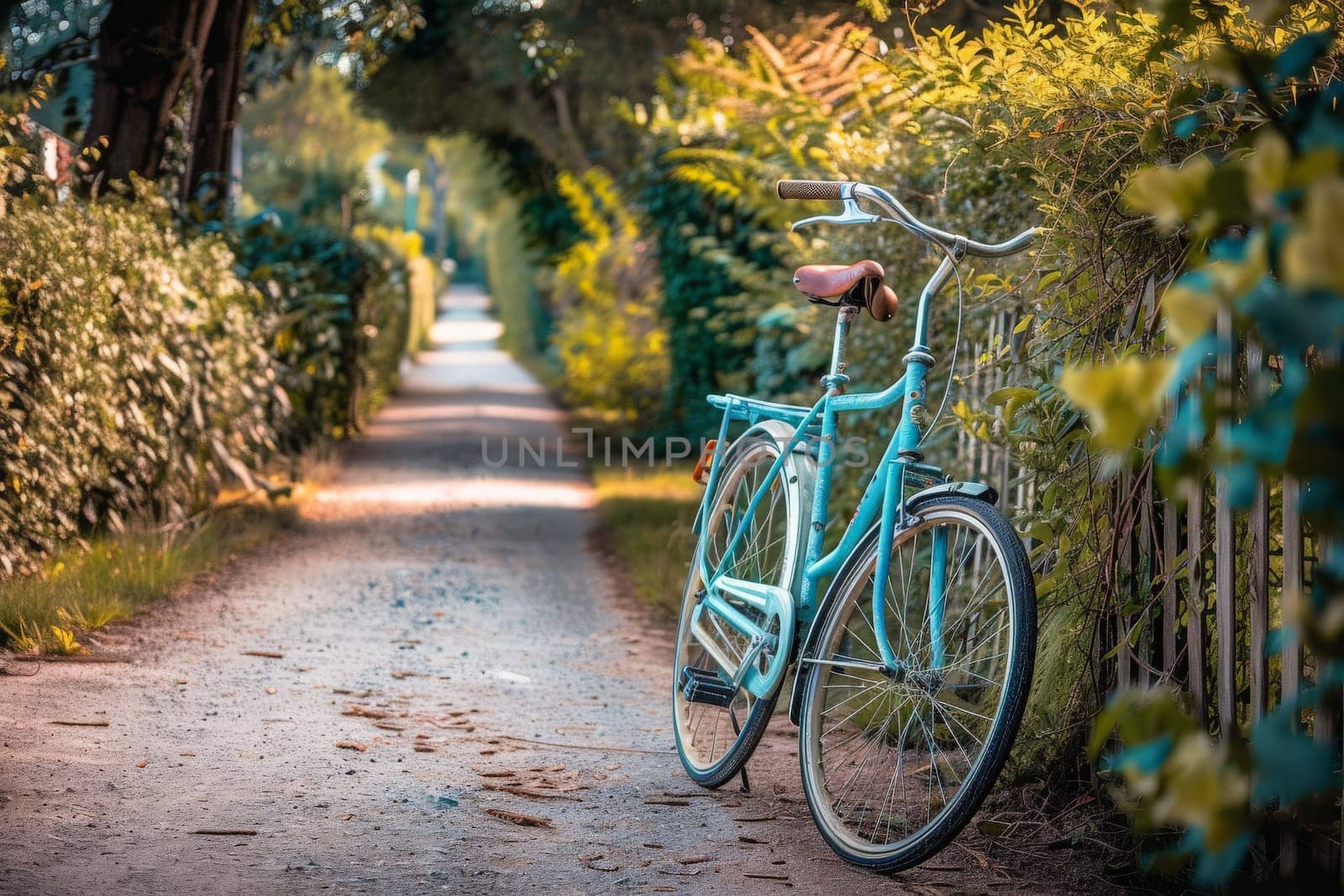 A serene scene of a blue bike parked on the side of a road, surrounded by peaceful surroundings.