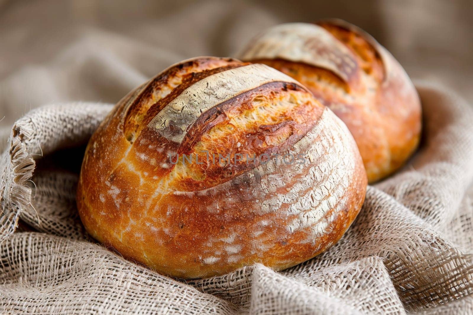 Two golden loaves of bread rest delicately on a rustic cloth, inviting thoughts of warmth and comfort.