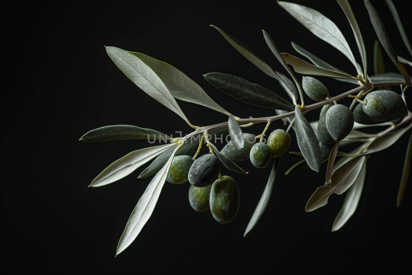 An isolated olive branch with plump ripe olives and lush green leaves on a mysterious black background.