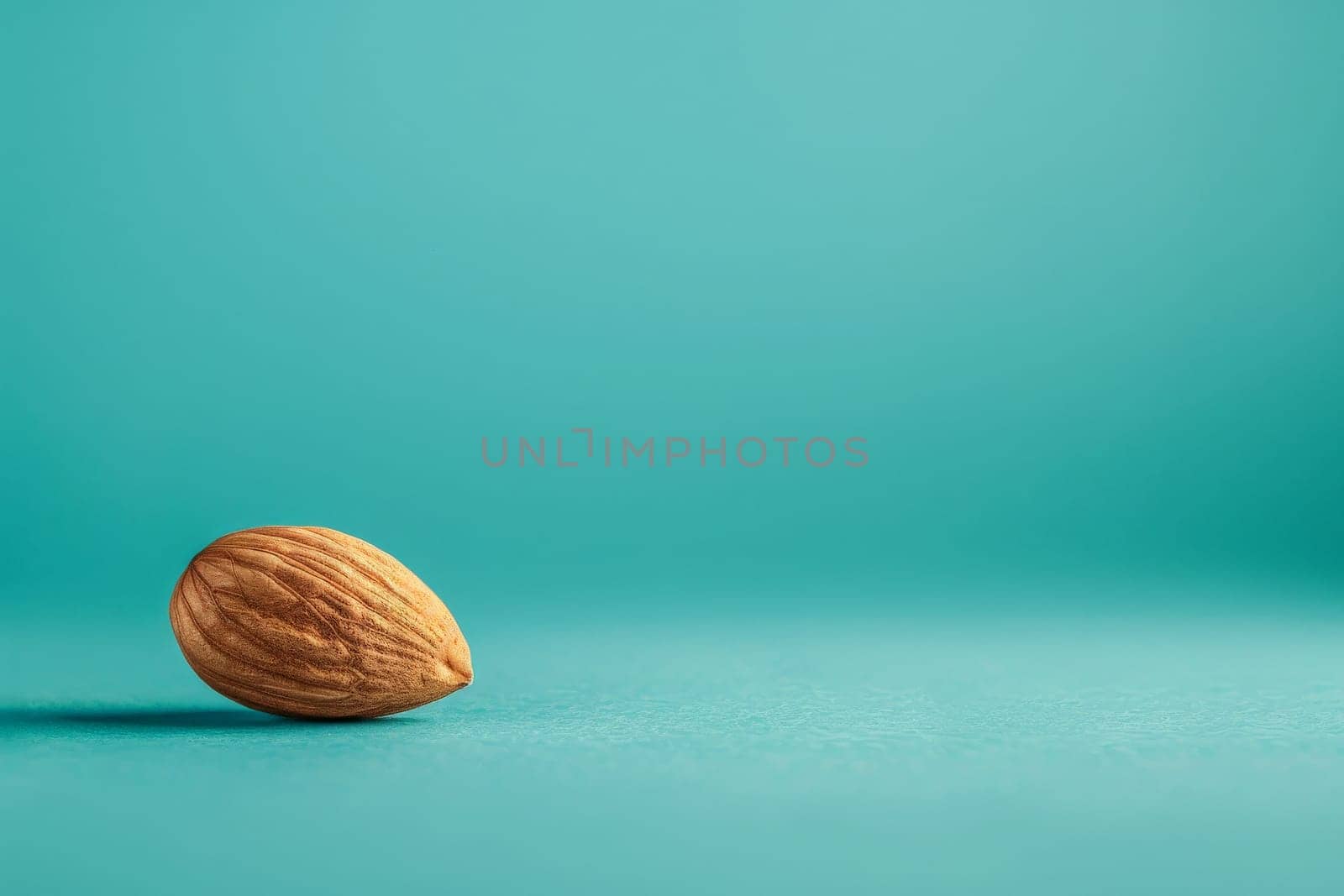 A single almond sits prominently on a bold blue background, offering a stark contrast in color and texture.