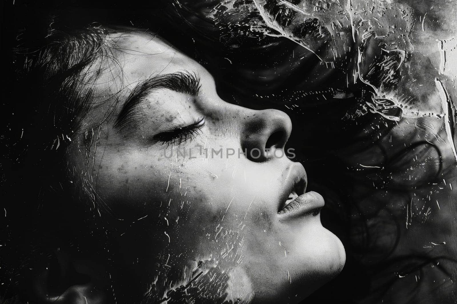 A woman peacefully closes her eyes, lost in thought, in a captivating black and white portrait.