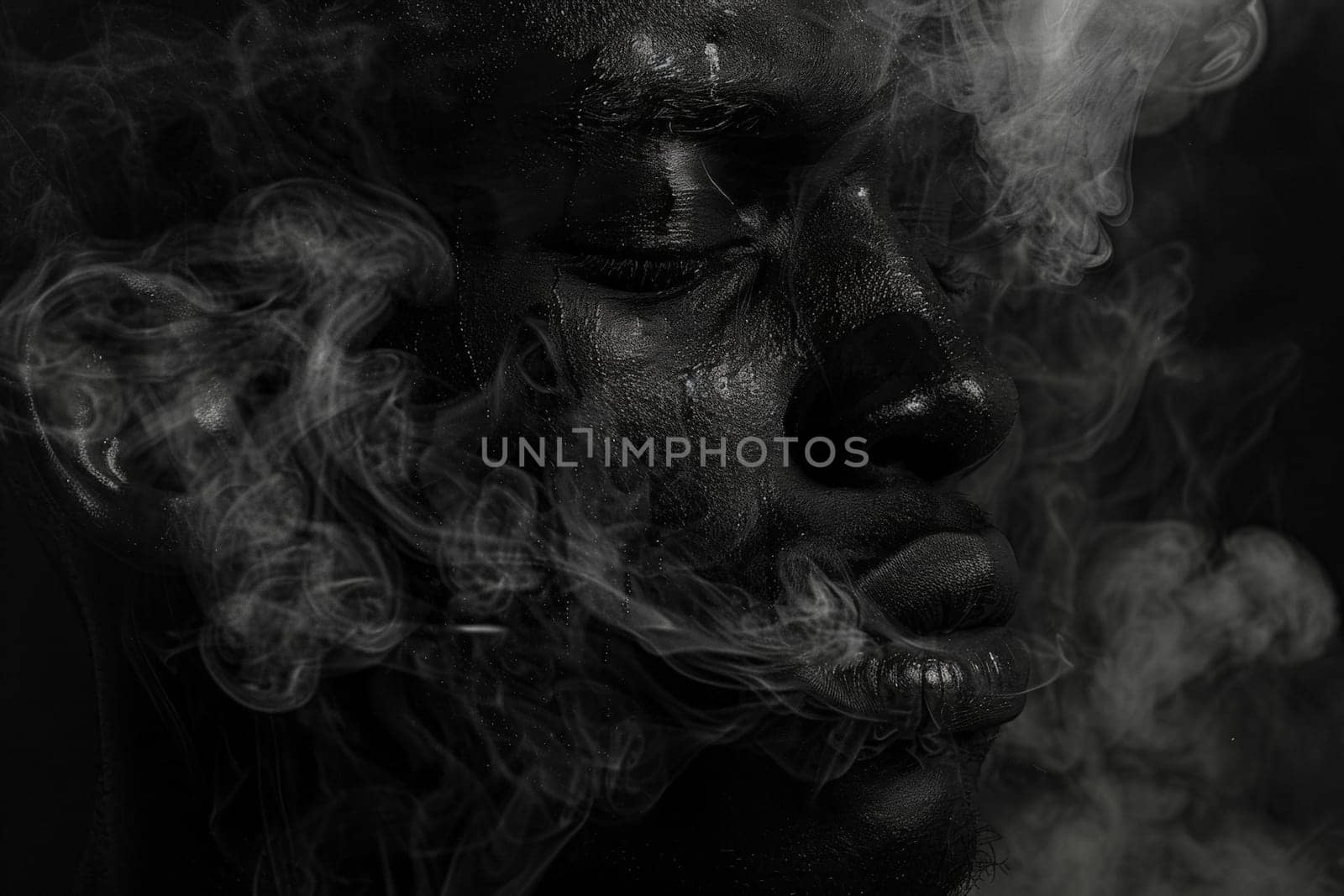 A man standing with smoke billowing out of his face, creating an illusion of mystery and transformation.