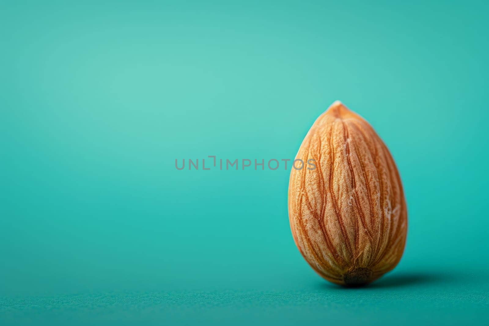 A perfect almond stands out against a vibrant turquoise background in a mesmerizing display of beauty and simplicity.