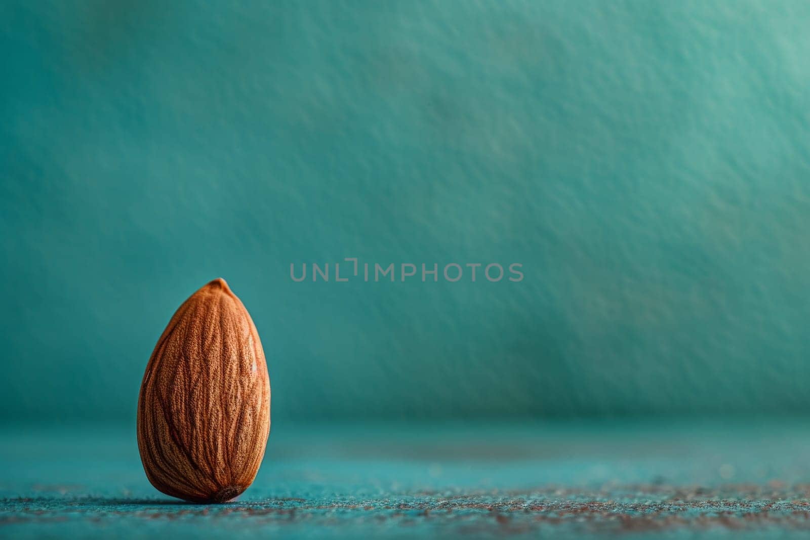 A single almond rests peacefully on a bright blue surface, captivating with its simplicity and elegance.