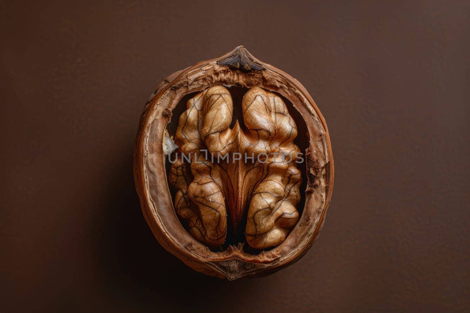 An isolated walnut half reveals its intricate texture against a brown background.