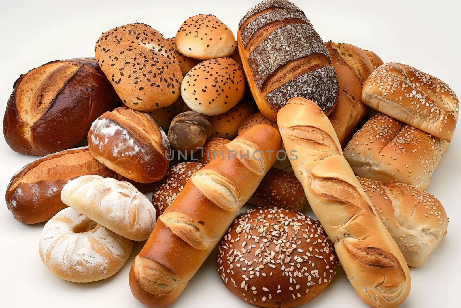 A variety of bread types stacked on a pristine white surface, showcasing the rich textures and flavors of different loaves.